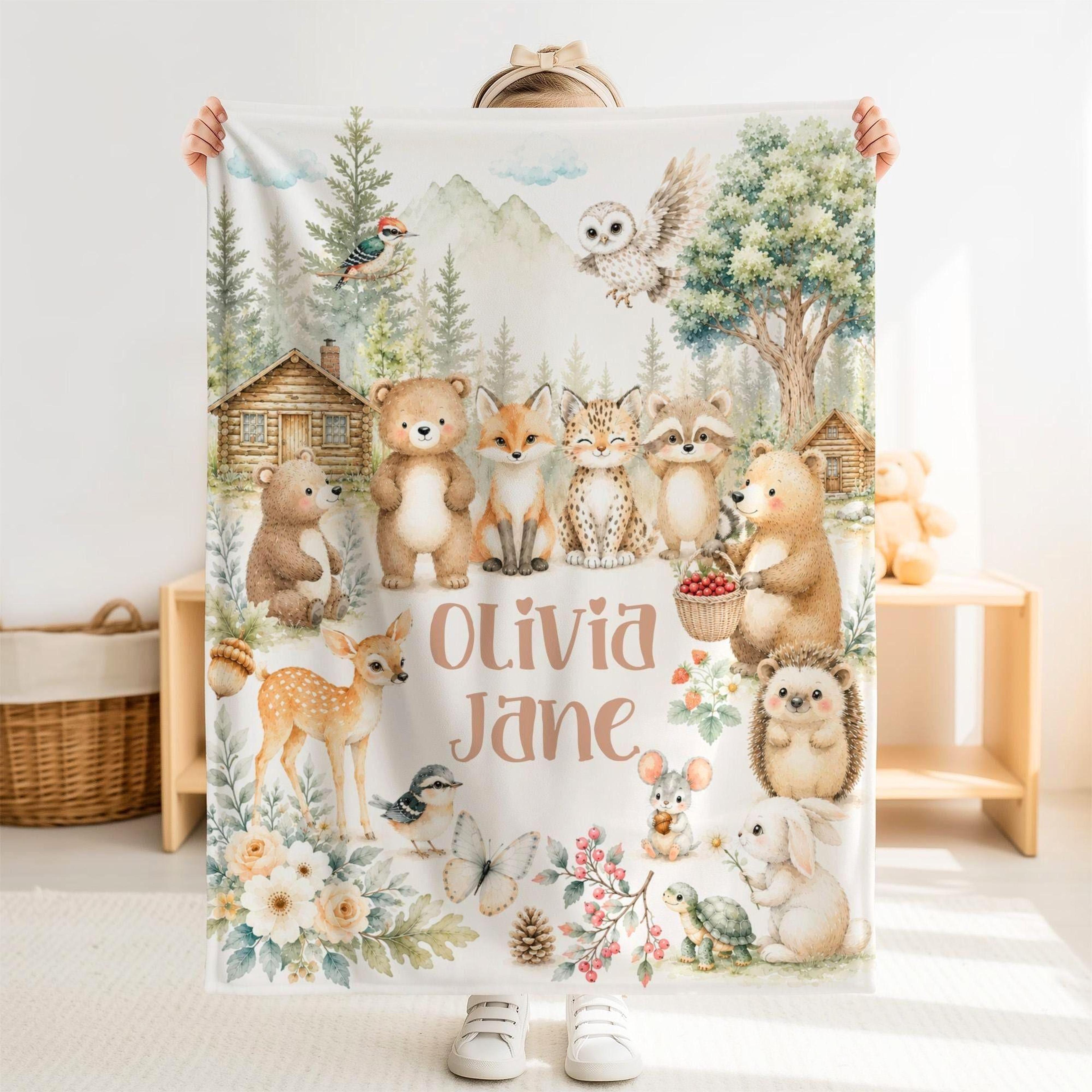personalized woodland animals sherpa baby blanket, custom name forest nursery gift, deer bear fox owl baby blanket