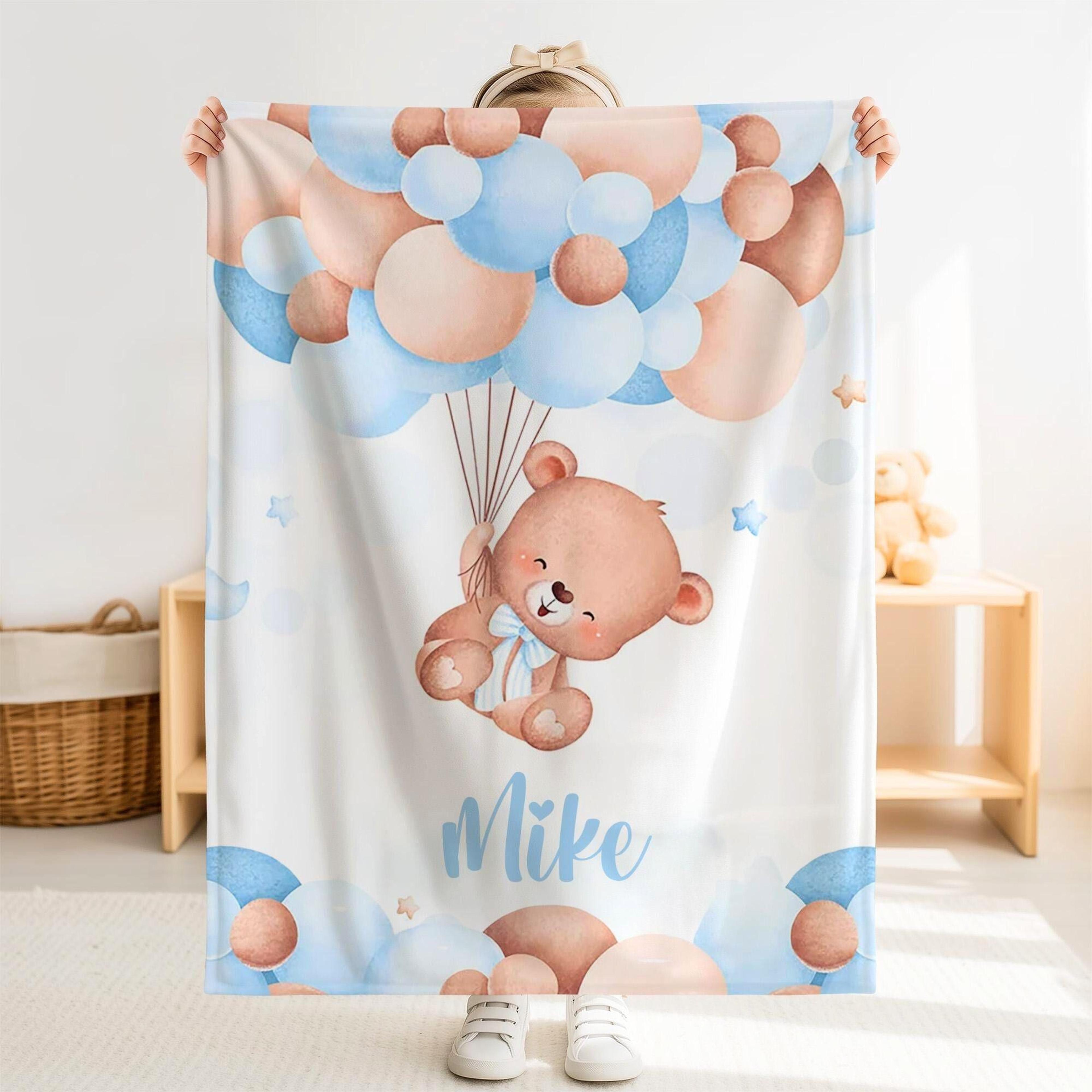 personalized teddy bear sherpa baby blanket, custom name balloon nursery gift, cute bear baby shower blanket, baby gift