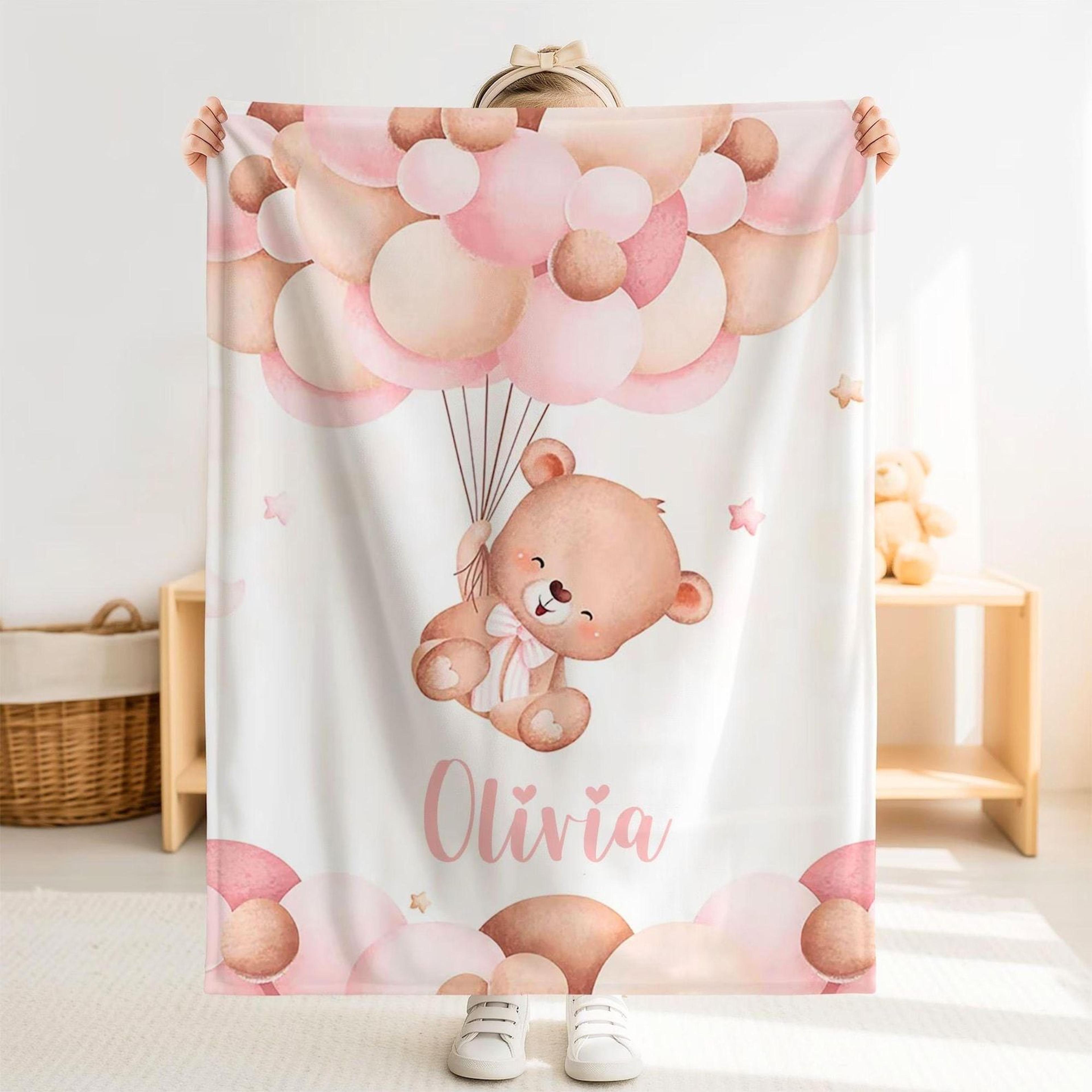personalized teddy bear sherpa baby blanket, custom name pink balloon nursery gift, newborn baby girl shower blanket