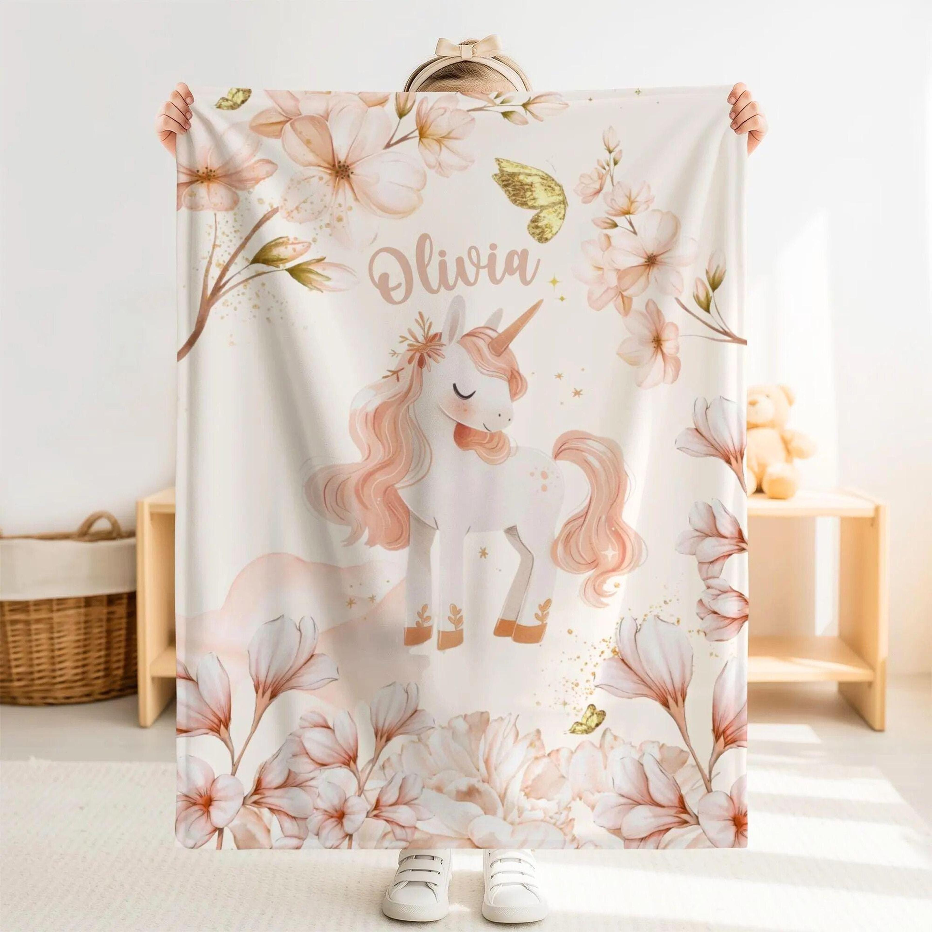 personalized unicorn sherpa baby blanket, custom name cherry blossom nursery gift, magical unicorn baby girl blanket