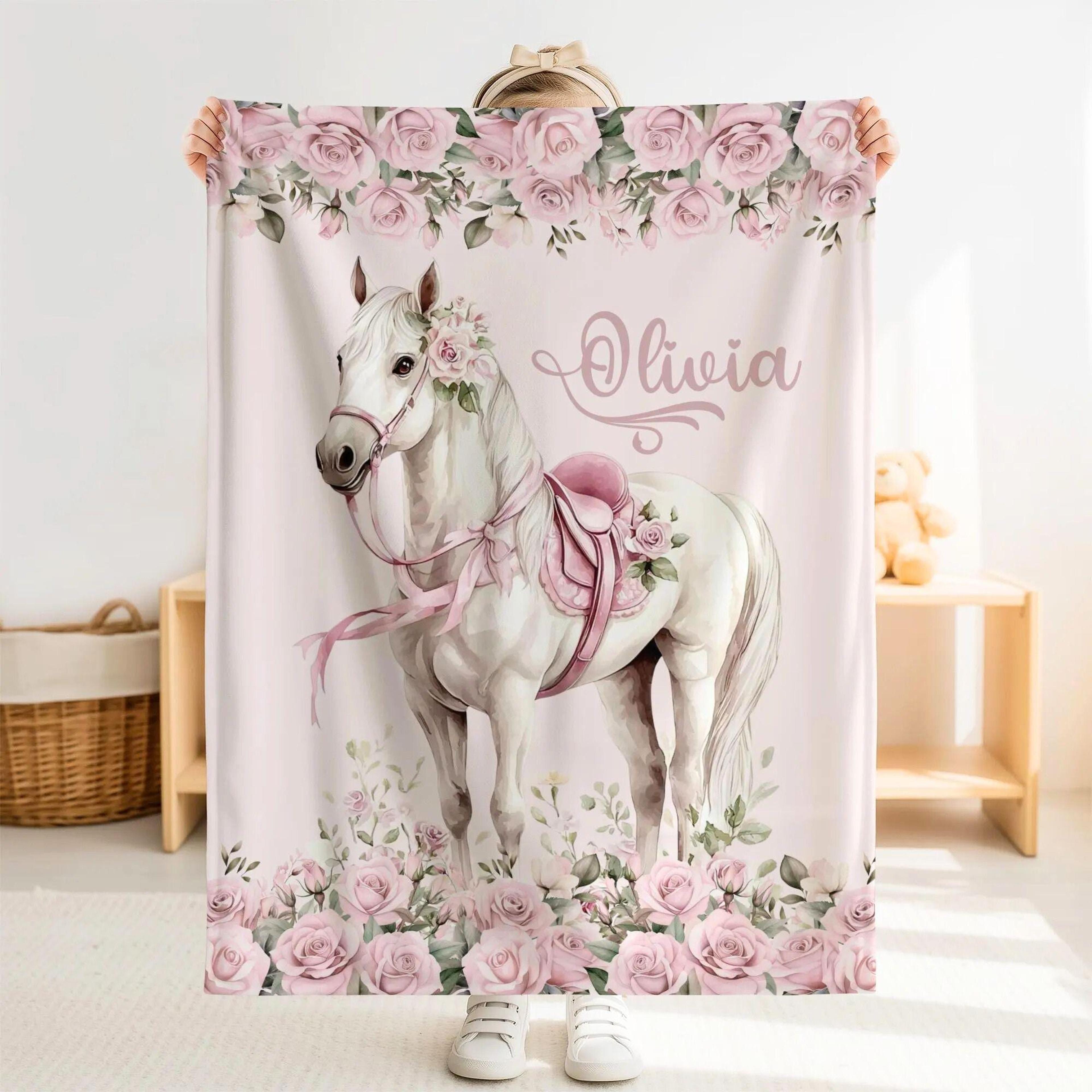 personalized horse sherpa baby blanket, custom name pink floral nursery gift, horse baby girl blanket, rose equestrian