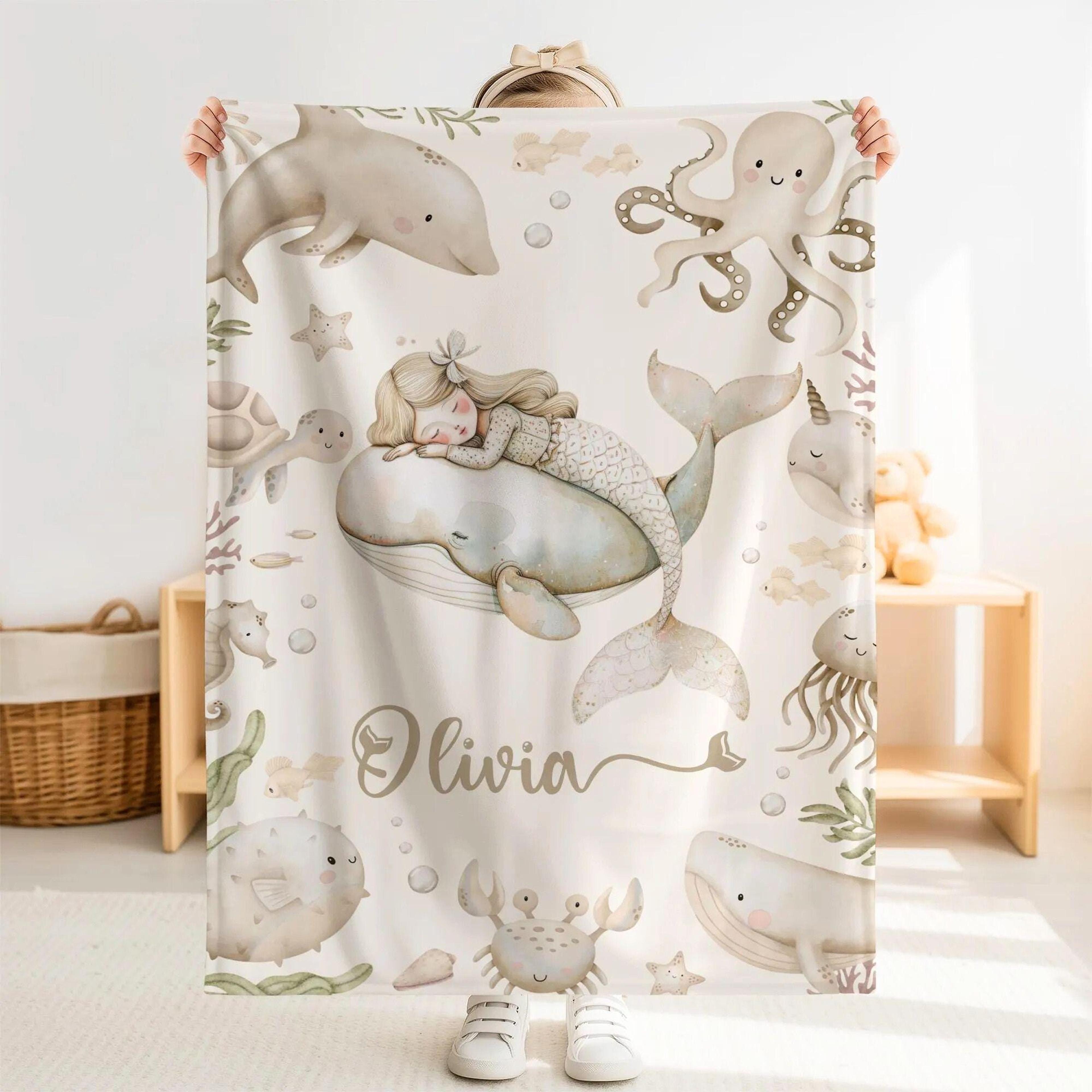 personalized mermaid sherpa baby blanket, custom name under the sea nursery gift, ocean baby girl blanket, mermaid gift