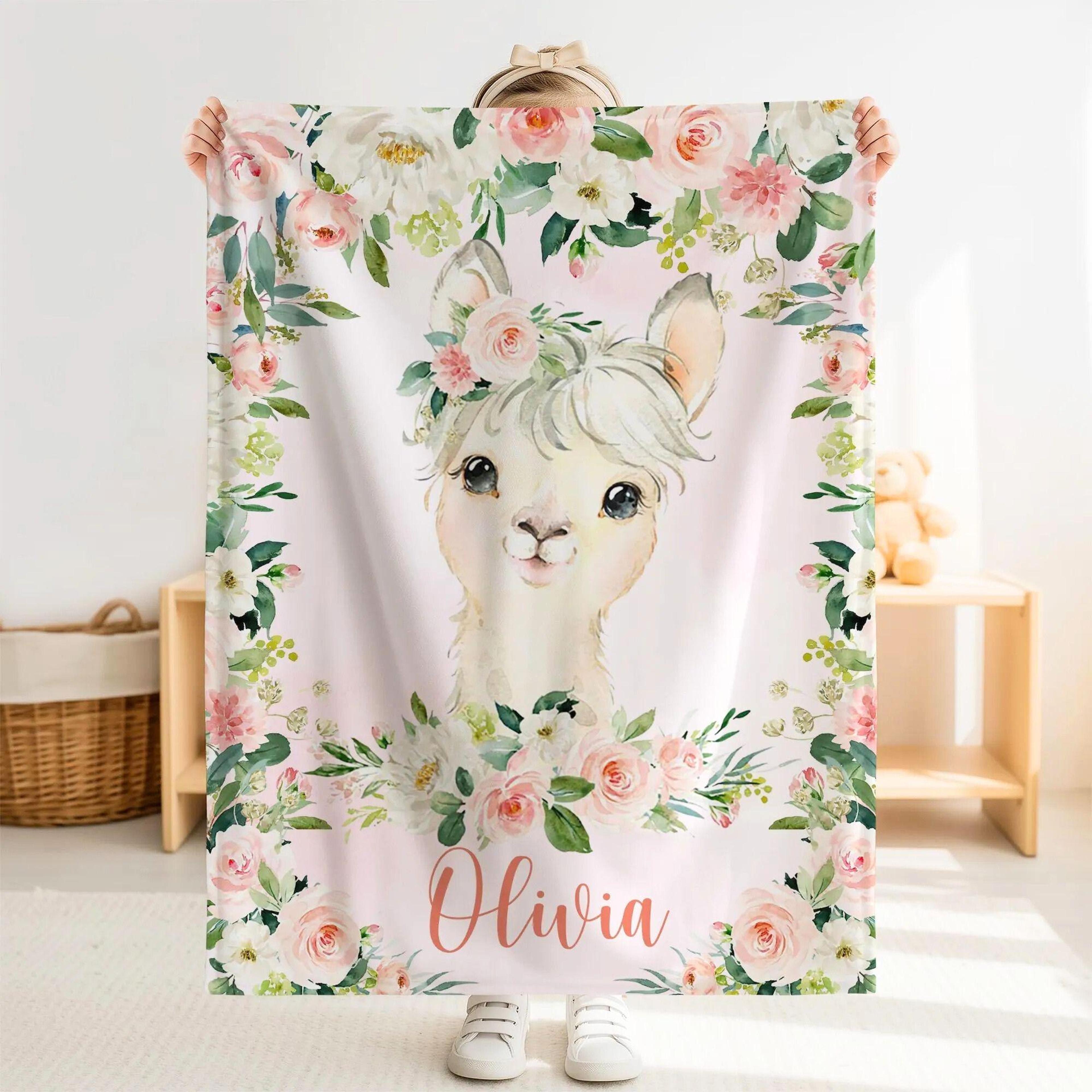 personalized llama sherpa baby blanket, custom name pink floral nursery gift, llama baby girl blanket, rose flower gift