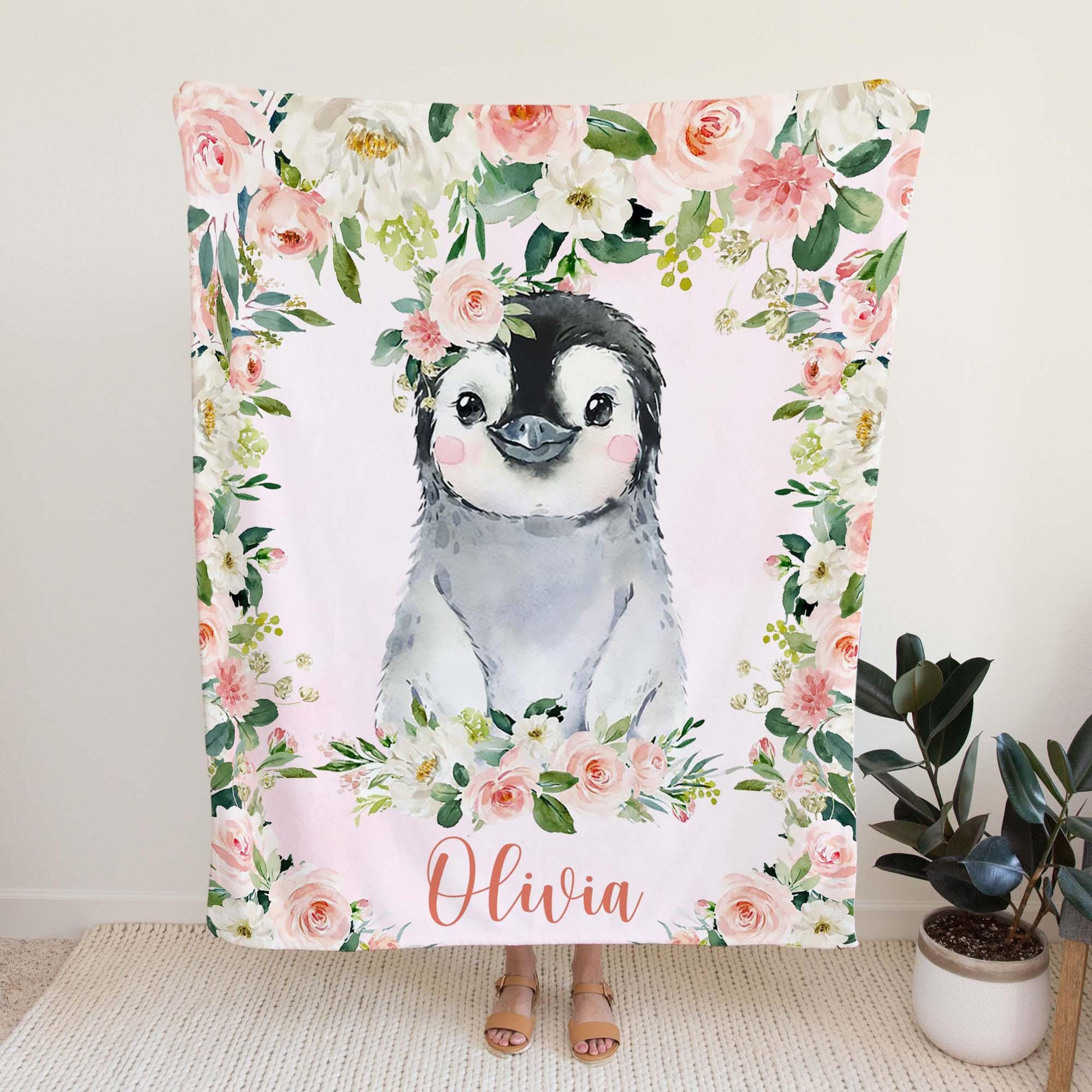 personalized penguin sherpa baby blanket, custom name pink floral nursery gift, penguin baby girl blanket, rose flower