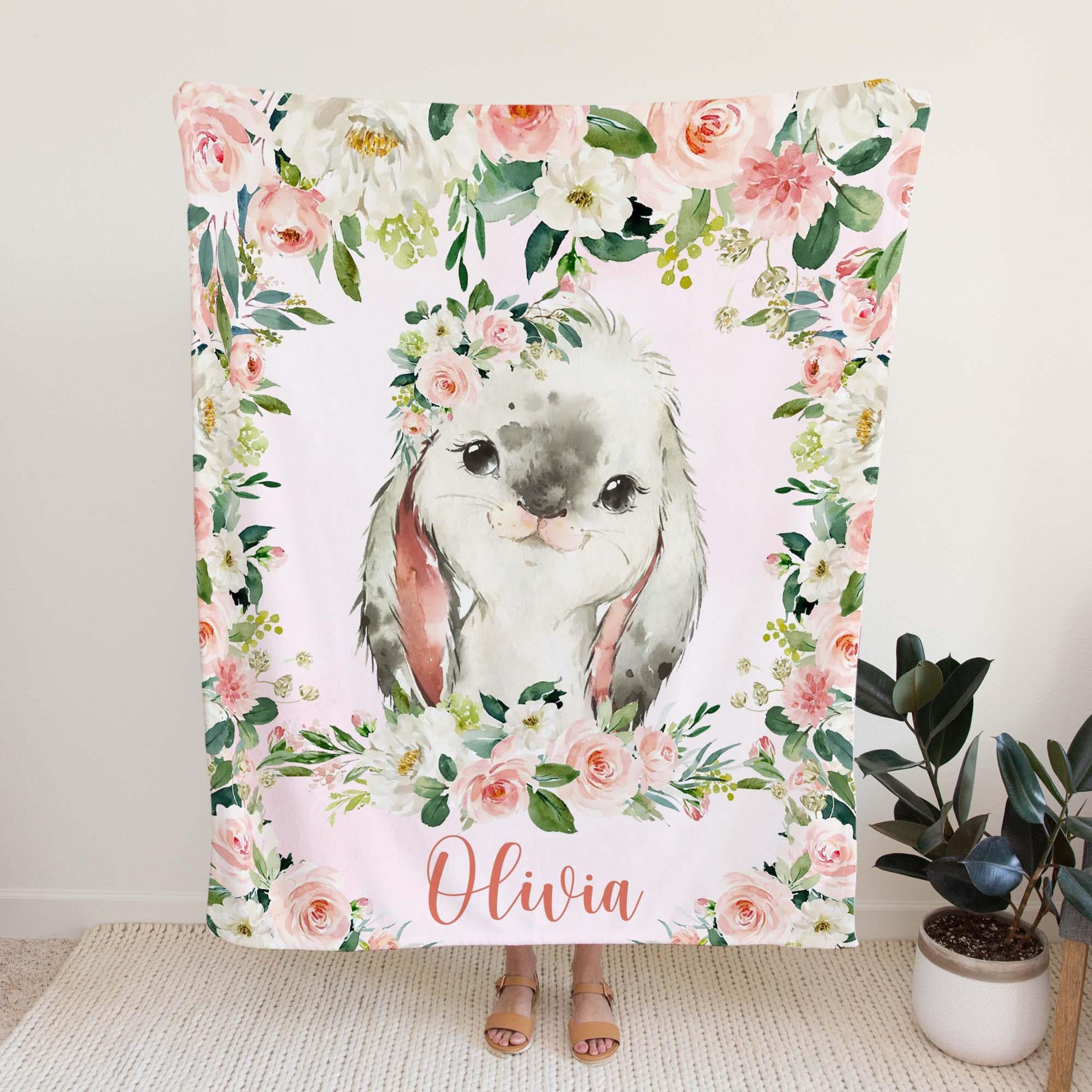 personalized bunny sherpa baby blanket, custom name pink floral nursery gift, rabbit baby girl blanket, rose nursery