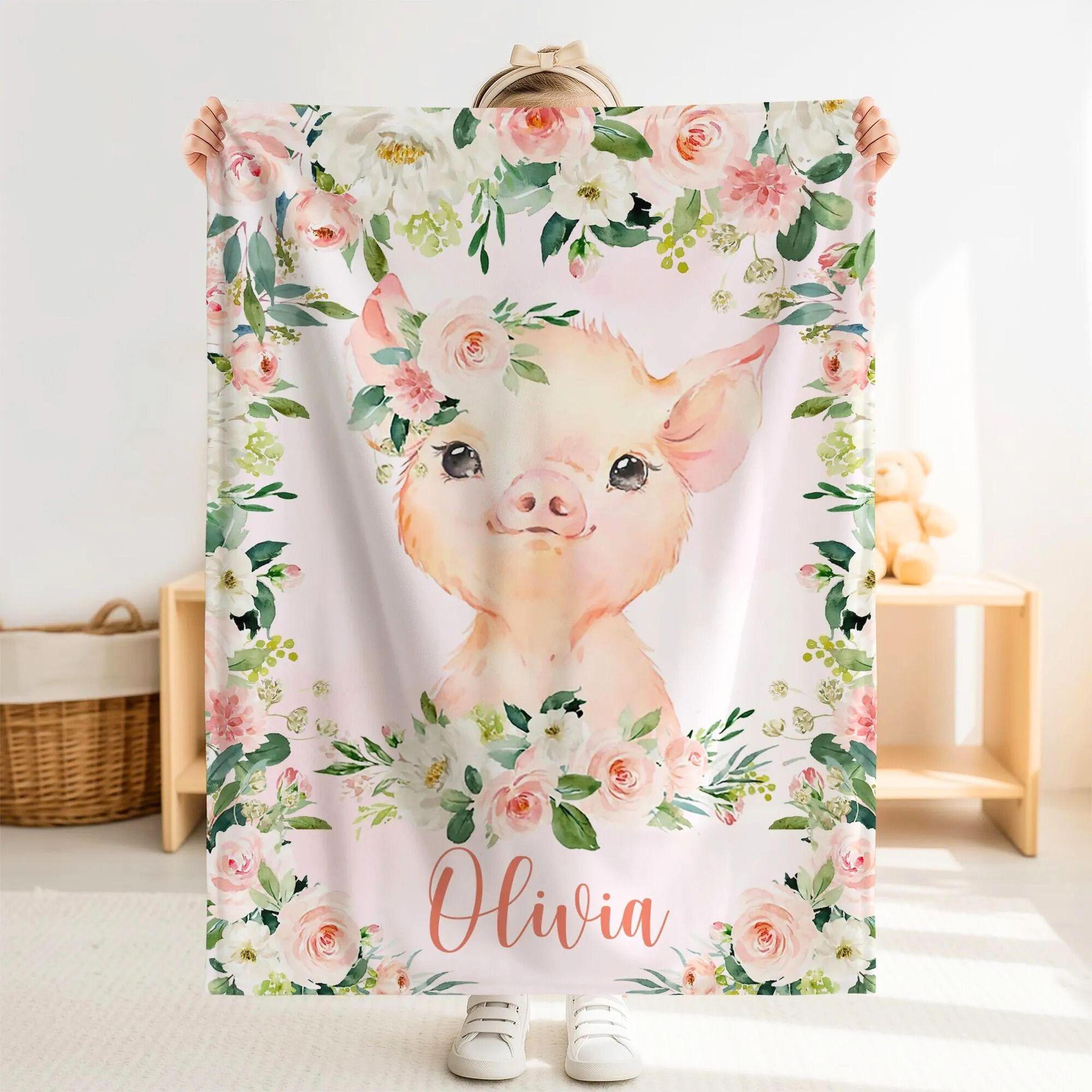 personalized pig sherpa baby blanket, custom name pink floral nursery gift, piglet baby girl blanket, farm animal gift