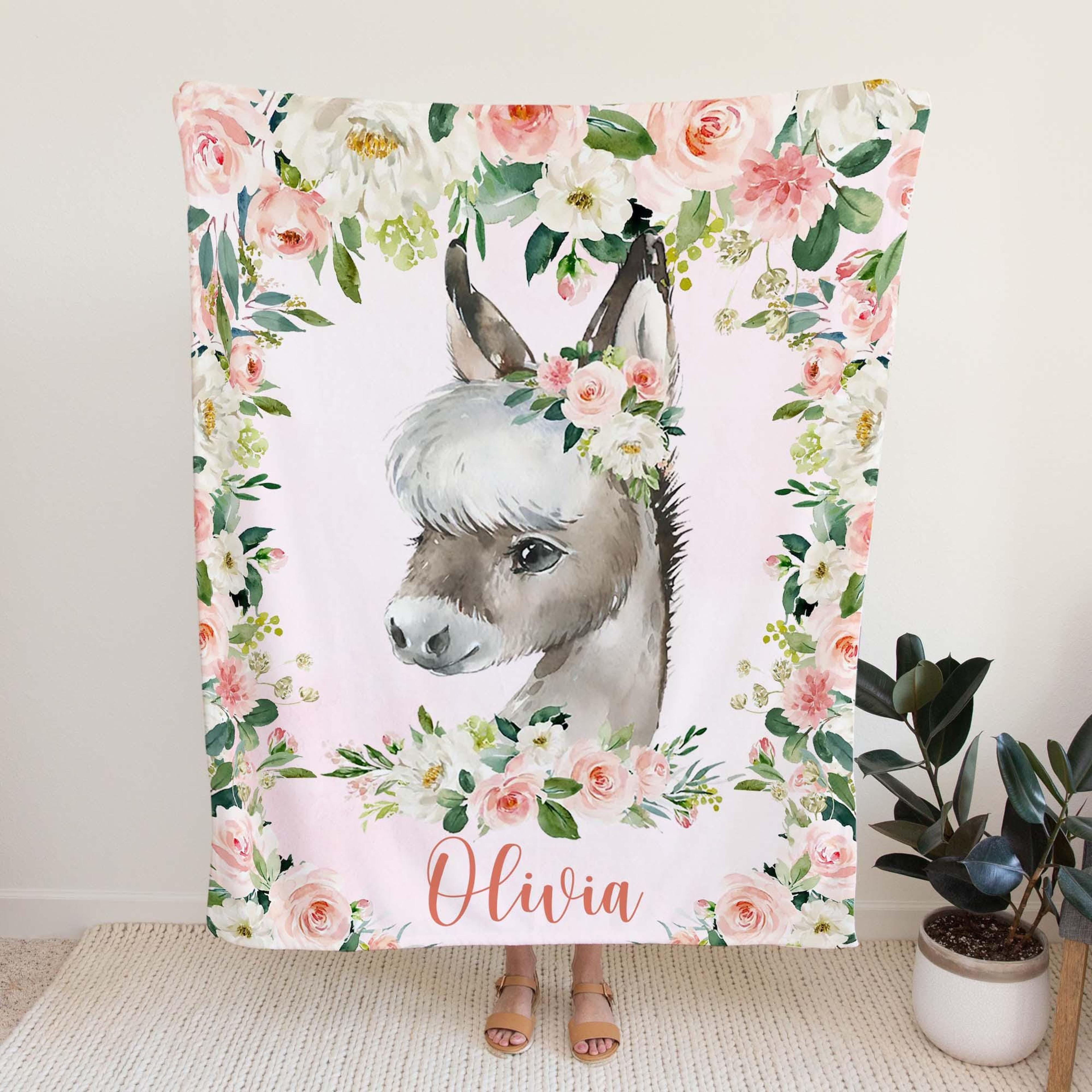 personalized horse sherpa baby blanket, custom name pink floral nursery gift, horse baby girl blanket, rose farm gift