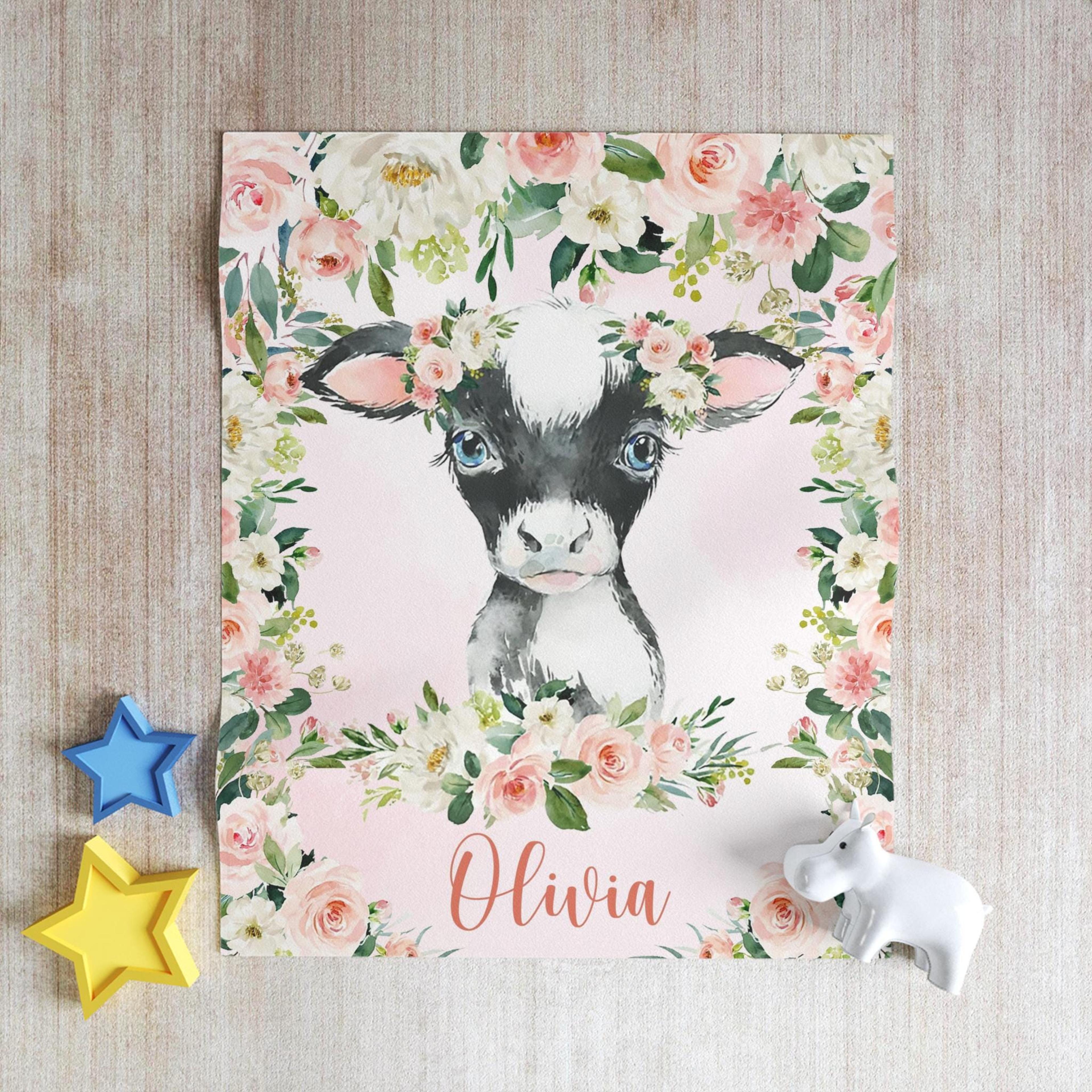 personalized cow sherpa baby blanket, custom name pink floral nursery gift, cow baby girl blanket, farm animal nursery