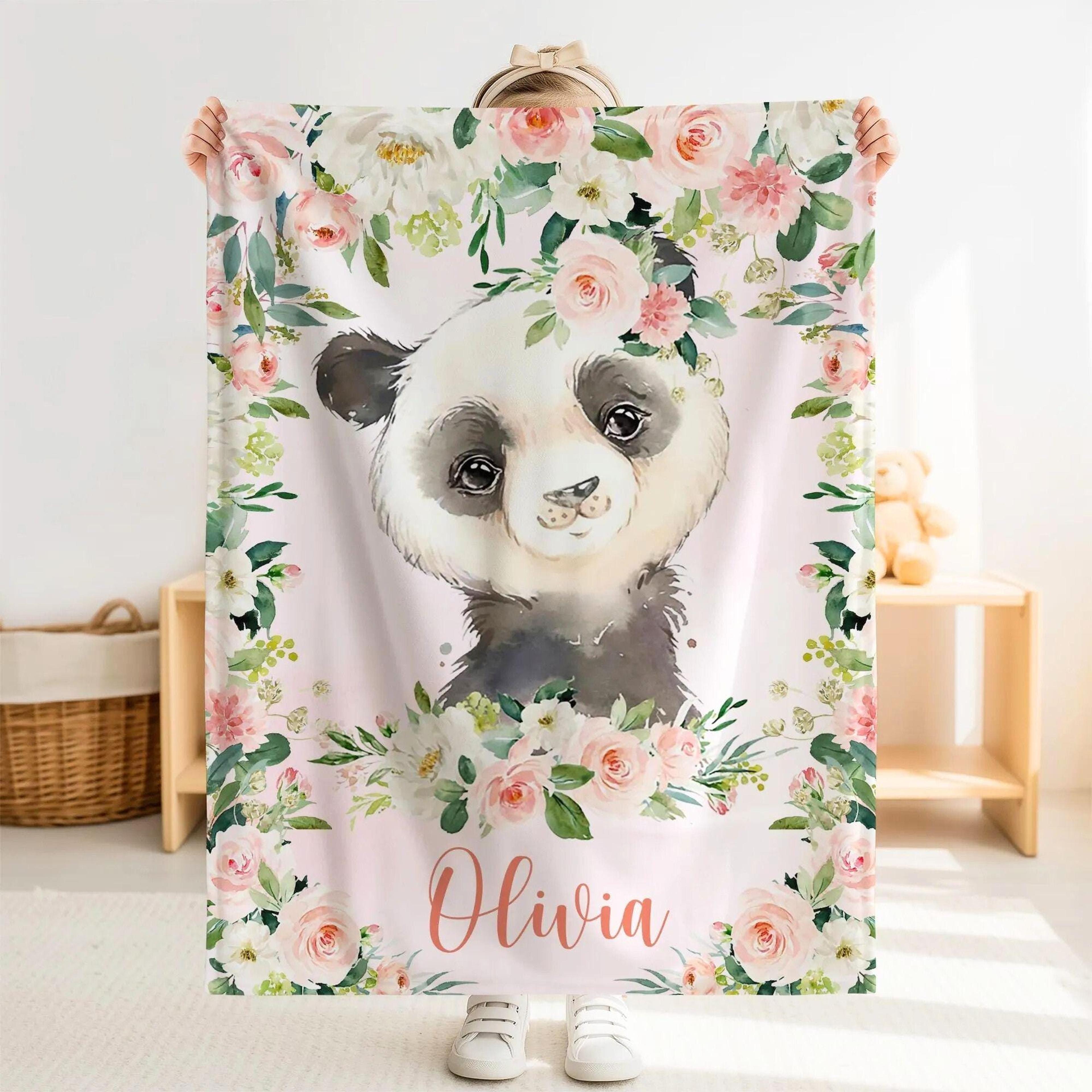 personalized panda sherpa baby blanket, custom name pink floral nursery gift, panda baby girl blanket, cute animal gift