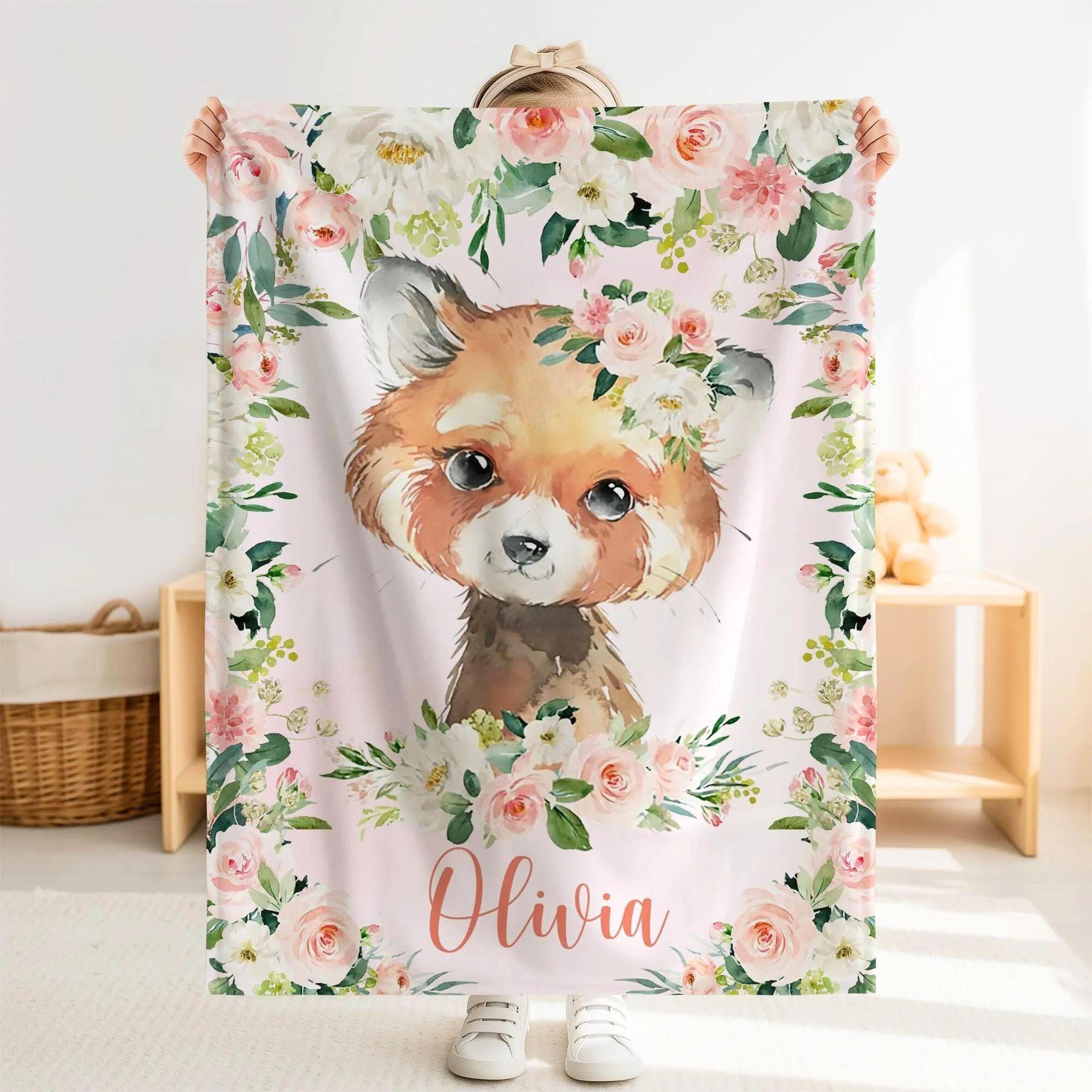 personalized red panda sherpa baby blanket, custom name pink floral nursery gift, red panda baby girl blanket, cute anim