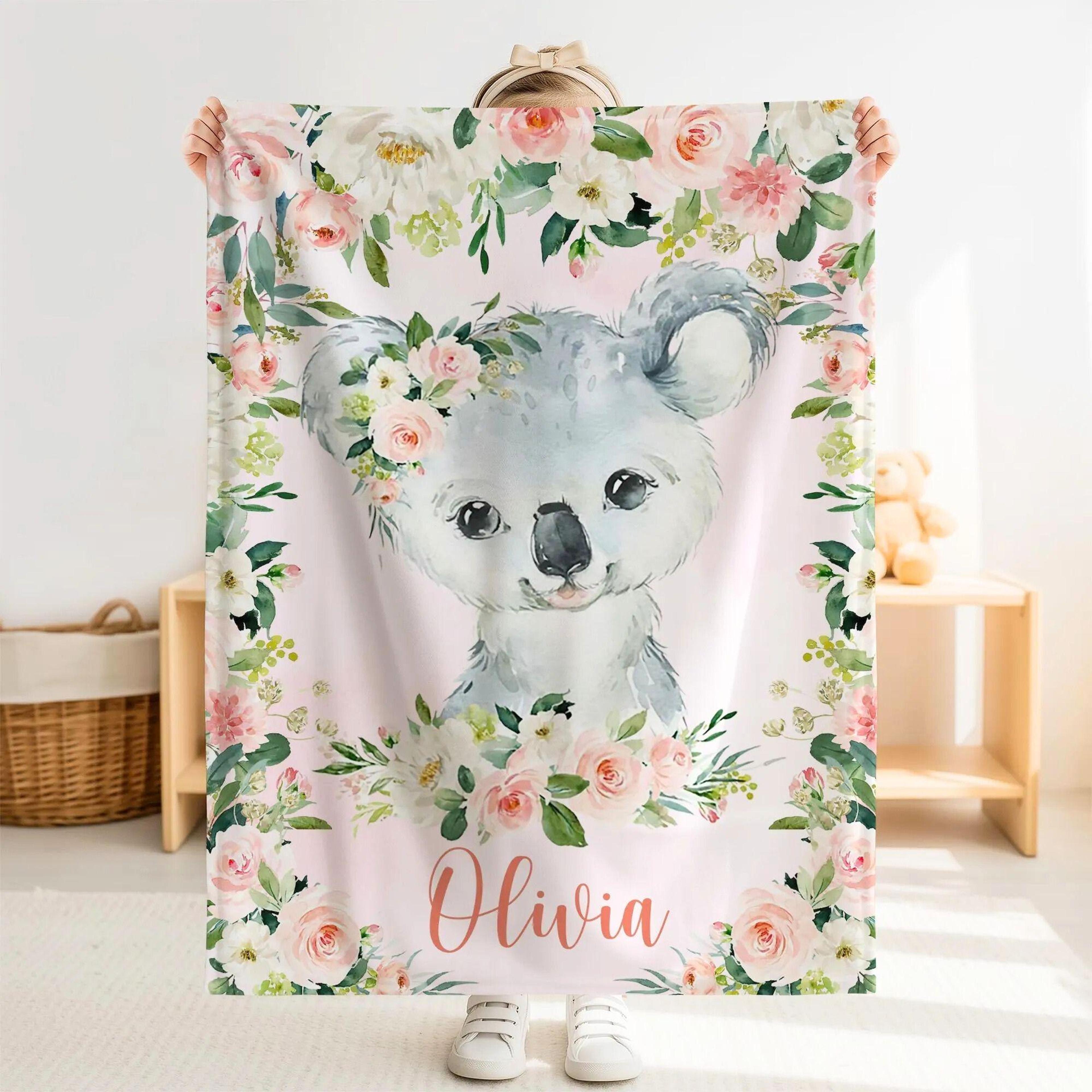 personalized koala sherpa baby blanket, custom name pink floral nursery gift, koala baby girl blanket, cute animal gift