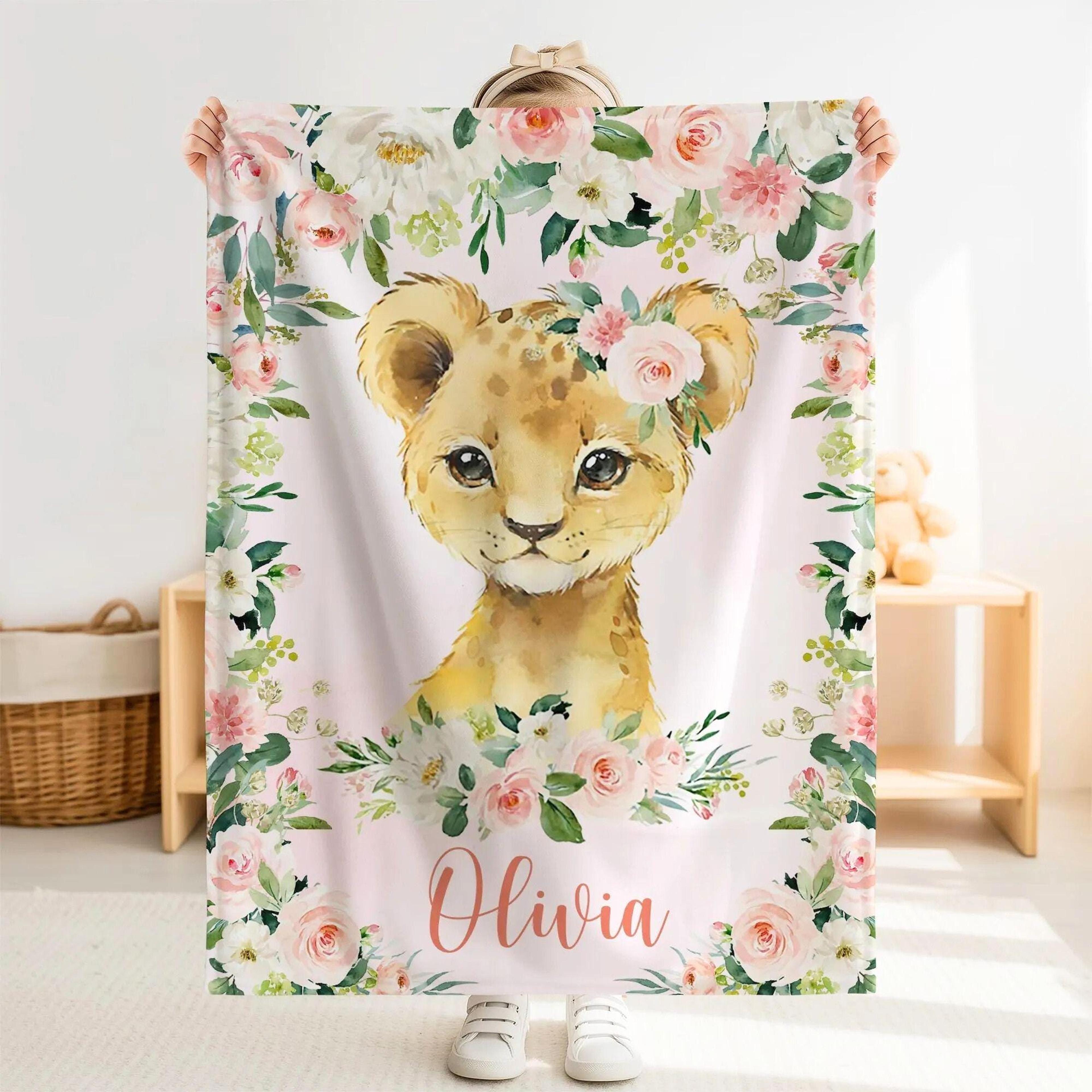 personalized lion sherpa baby blanket, custom name pink floral nursery gift, lion baby girl blanket, cute animal gift