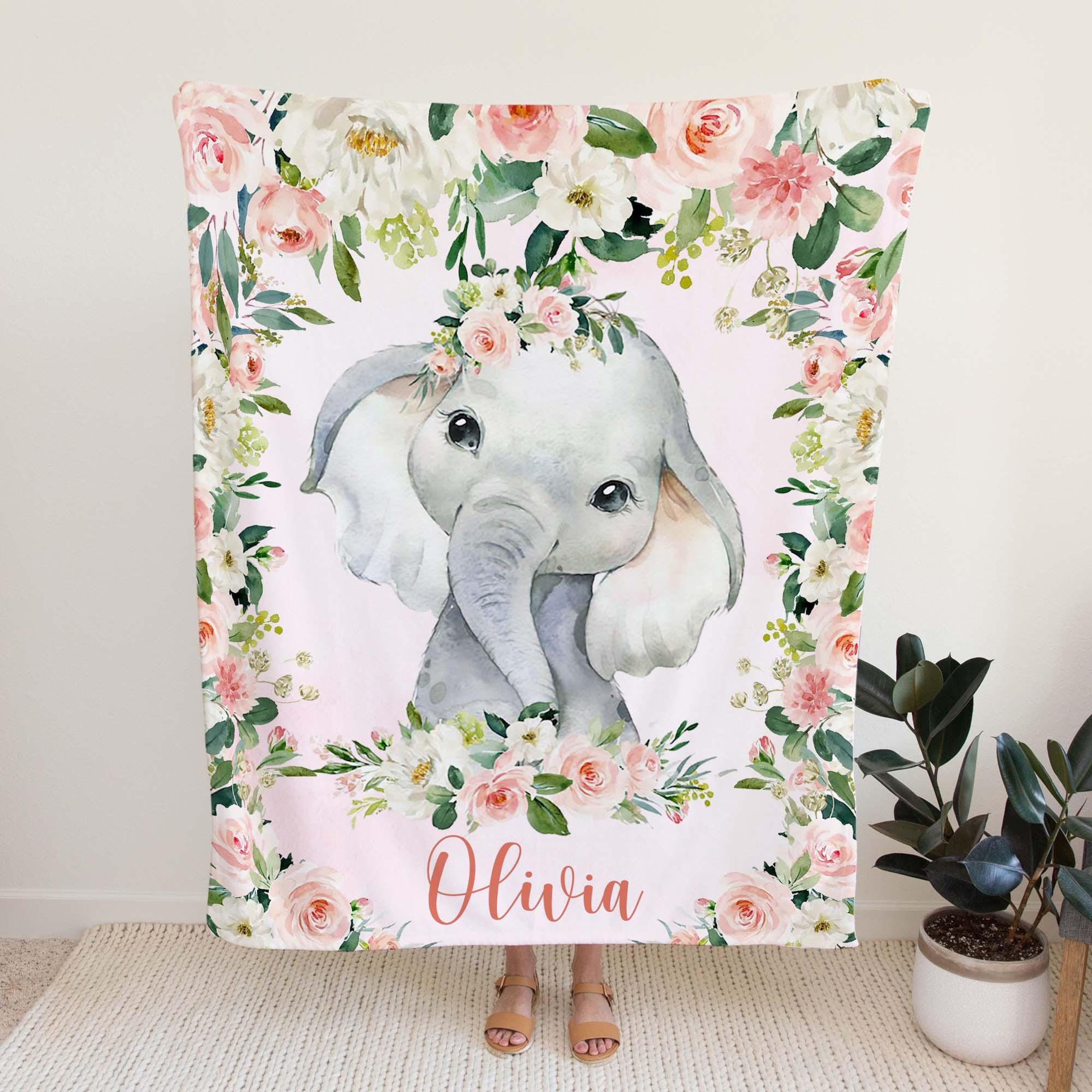 personalized elephant sherpa baby blanket, custom name pink floral nursery gift, elephant baby girl blanket, rose flower