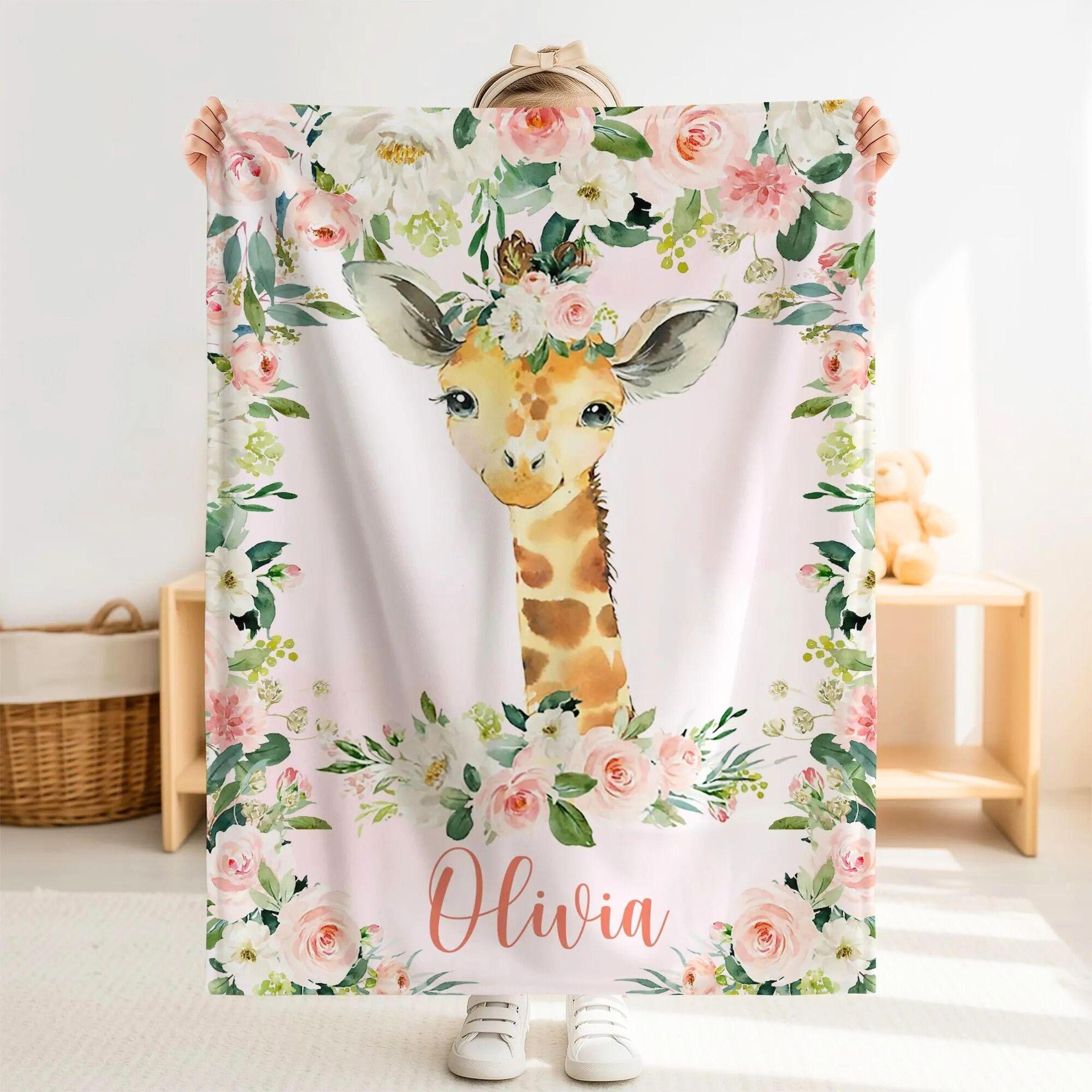 personalized giraffe sherpa baby blanket, custom name pink floral nursery gift, giraffe baby girl blanket