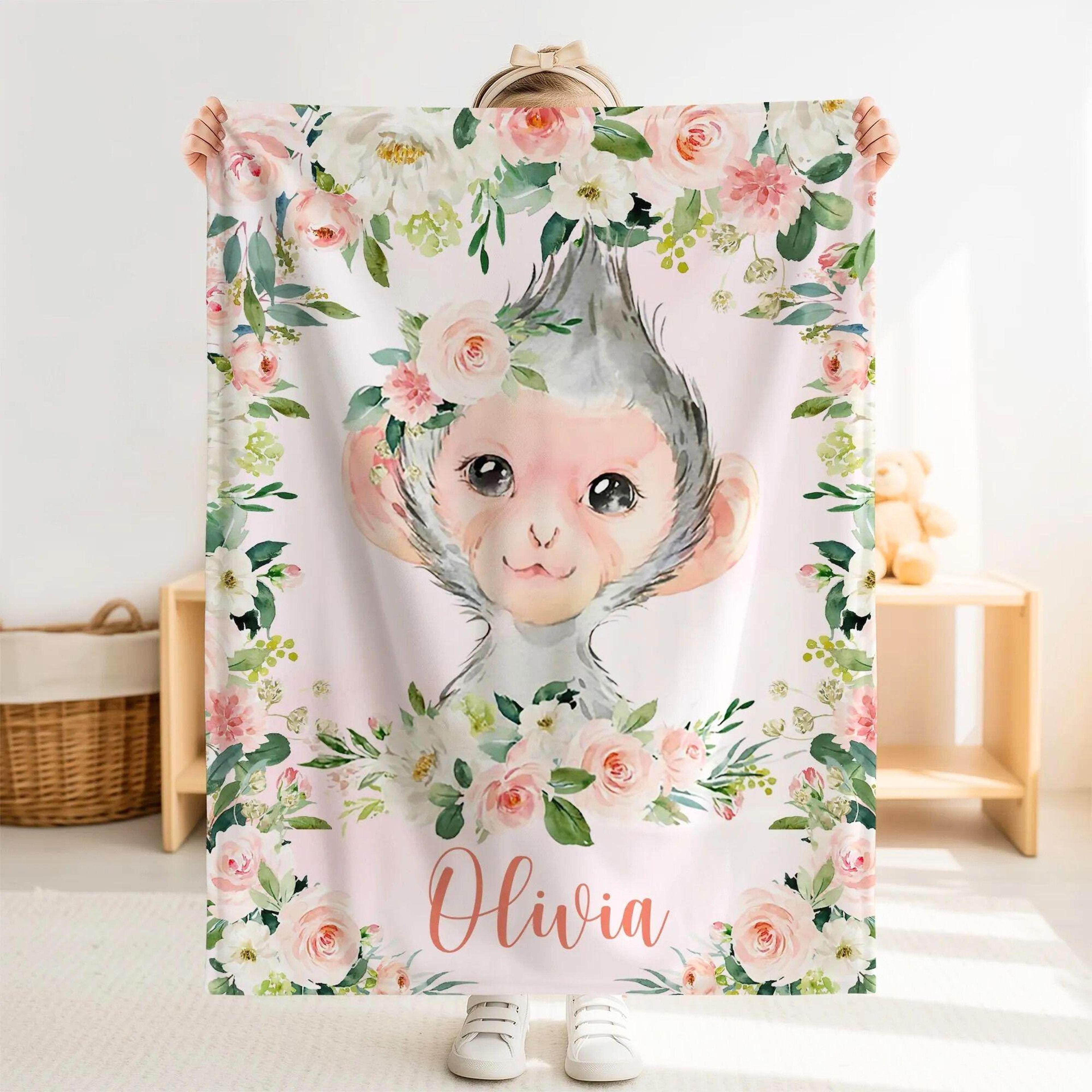 personalized monkey sherpa baby blanket, custom name pink floral nursery gift, monkey baby girl blanket, rose flower gif