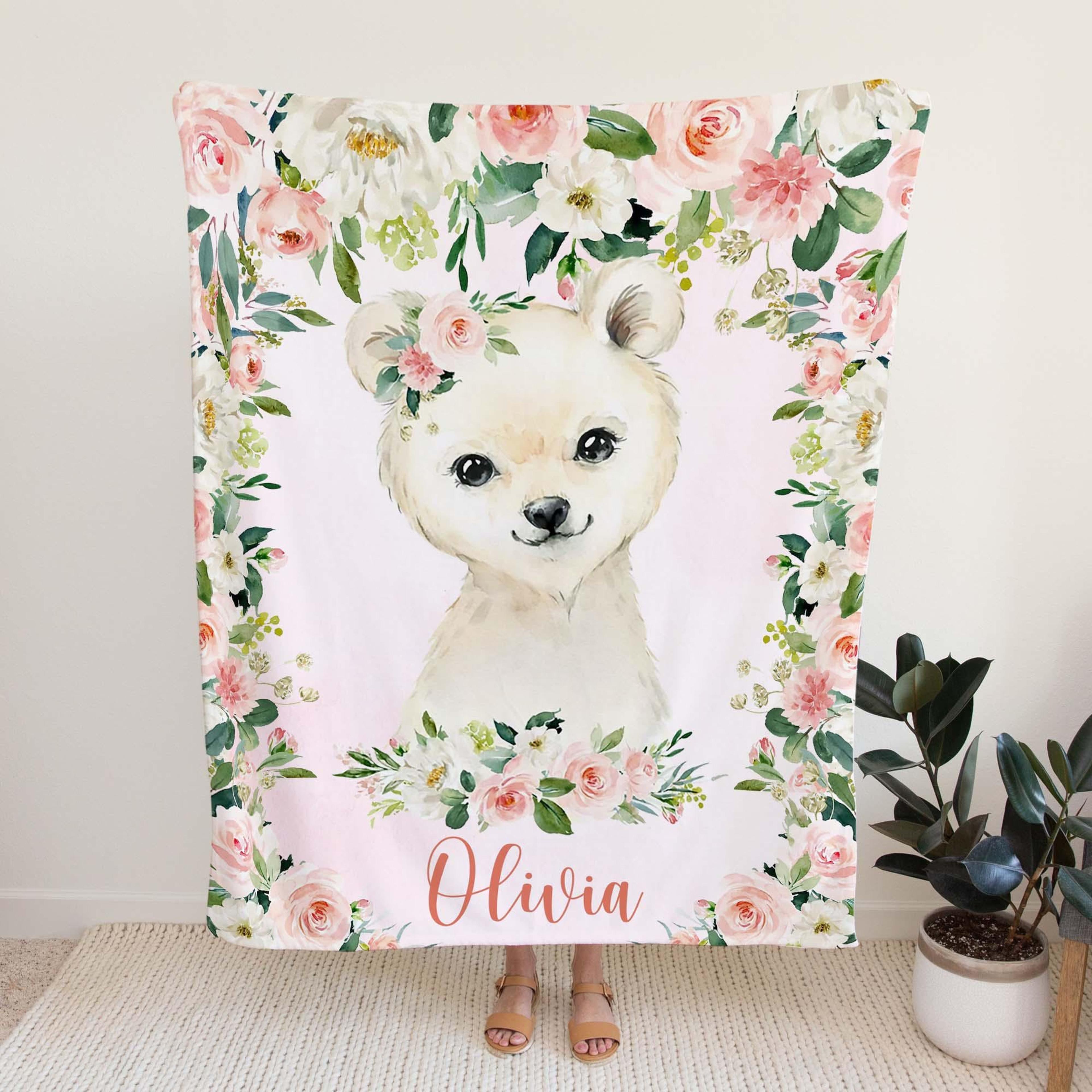personalized polar bear sherpa baby blanket, custom name pink floral nursery gift, polar bear baby girl blanket