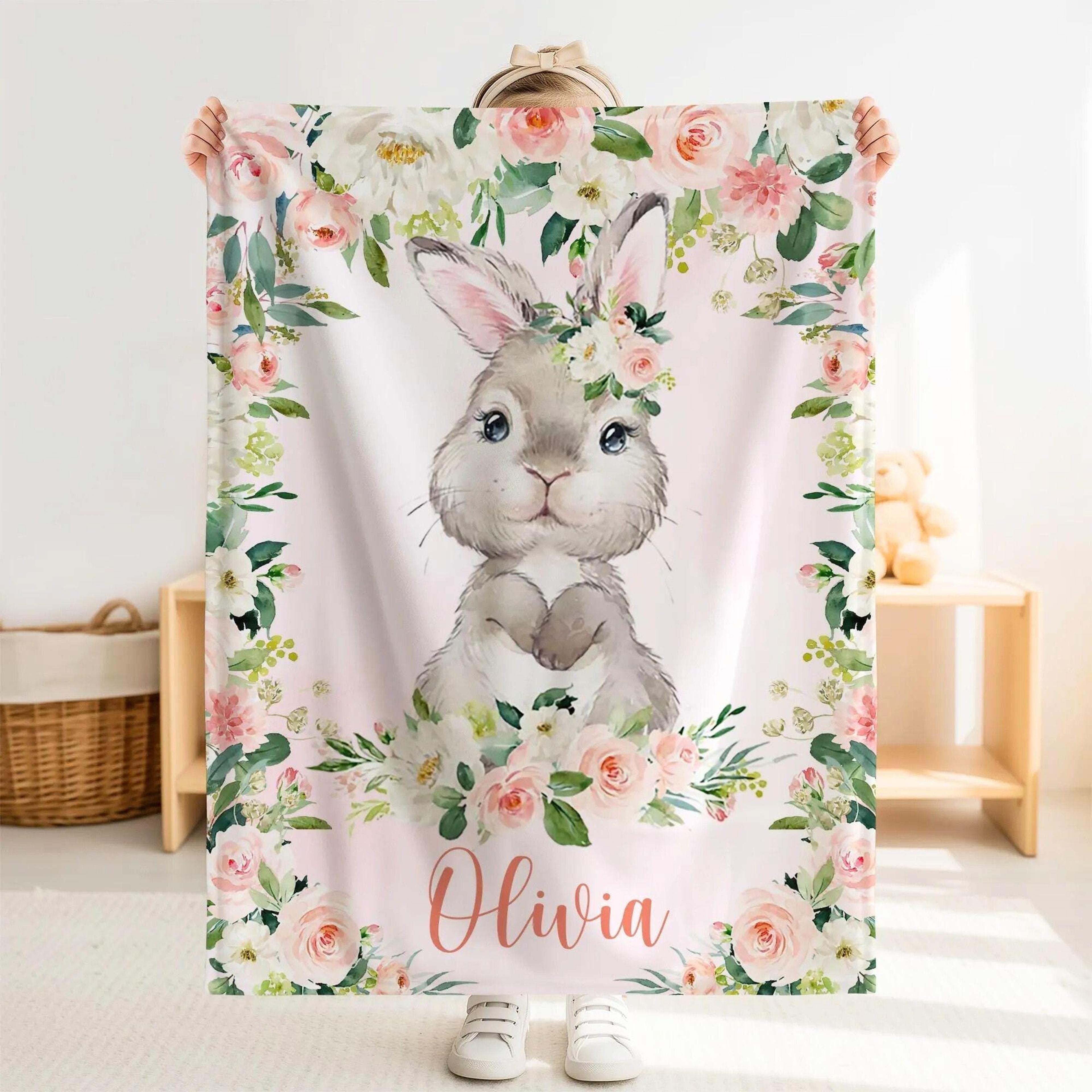personalized rabbit sherpa baby blanket, custom name pink floral nursery gift, bunny baby girl blanket, rose flower gift