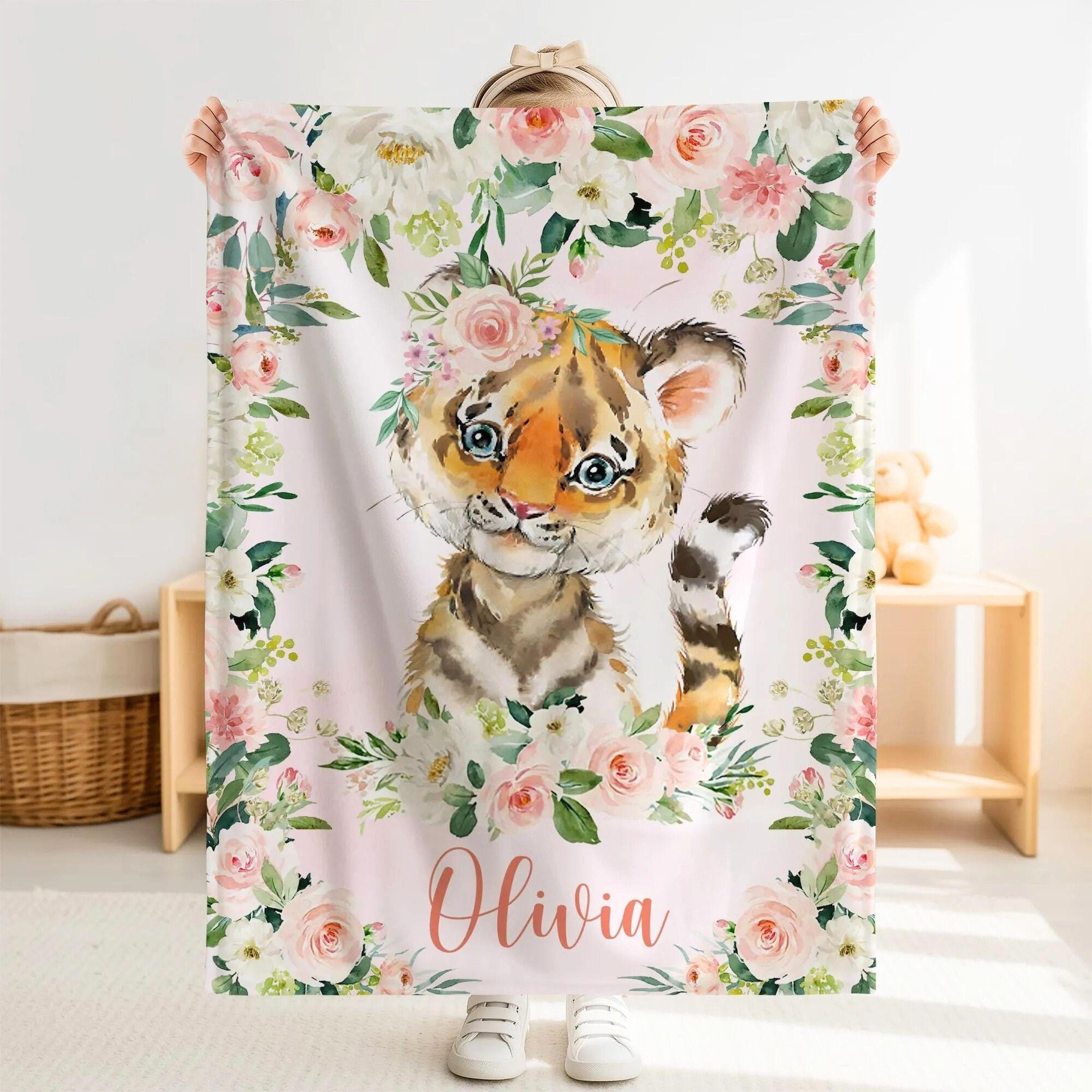 personalized tiger sherpa baby blanket, custom name pink floral nursery gift, tiger baby girl blanket, rose flower gift