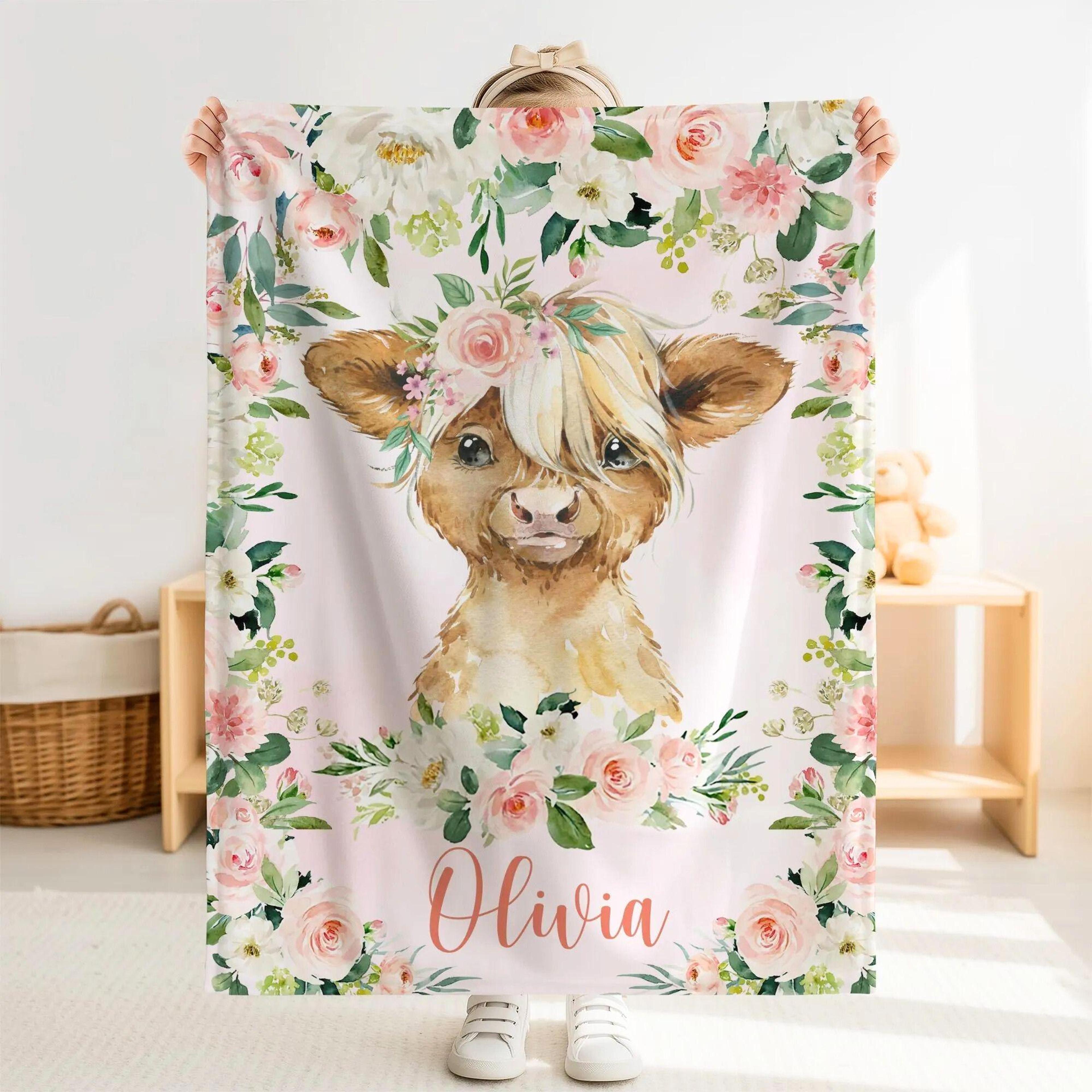 personalized highland cow sherpa baby blanket, custom name pink floral nursery gift, highland cow baby girl blanket