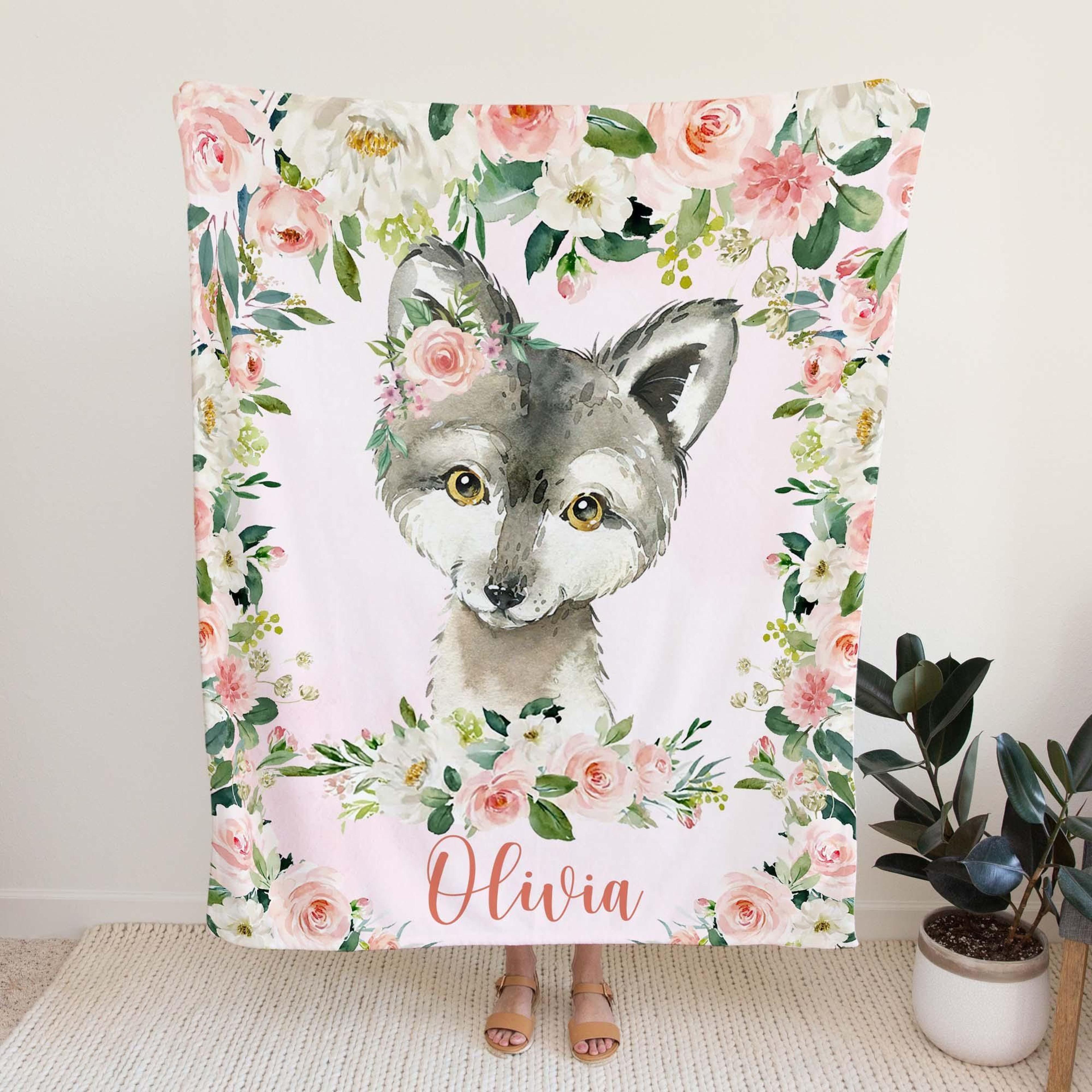 personalized wolf sherpa baby blanket, custom name pink floral nursery gift, wolf baby girl blanket, rose flower animal