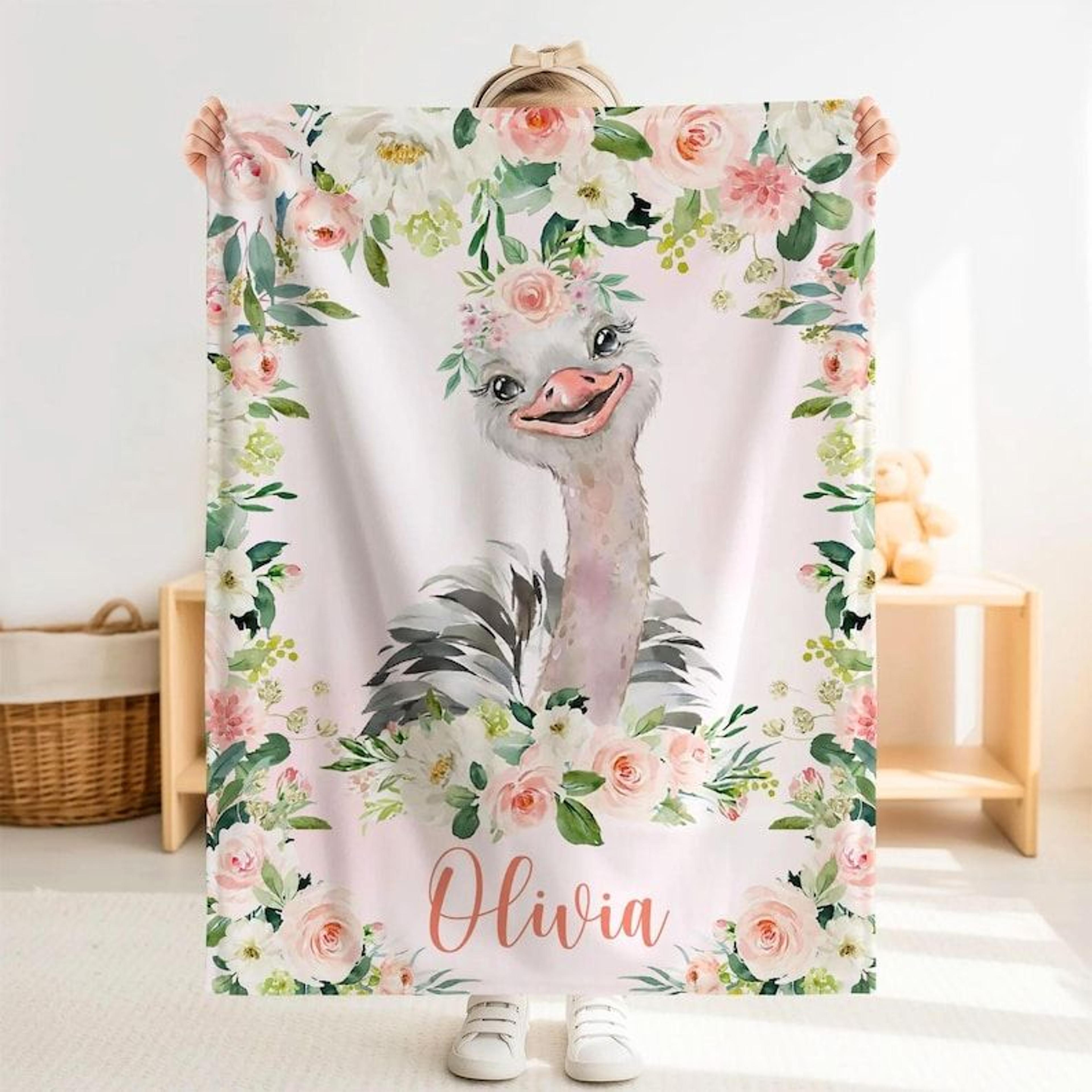 personalized ostrich sherpa baby blanket, custom name pink floral nursery gift, ostrich baby girl blanket, rose flower g
