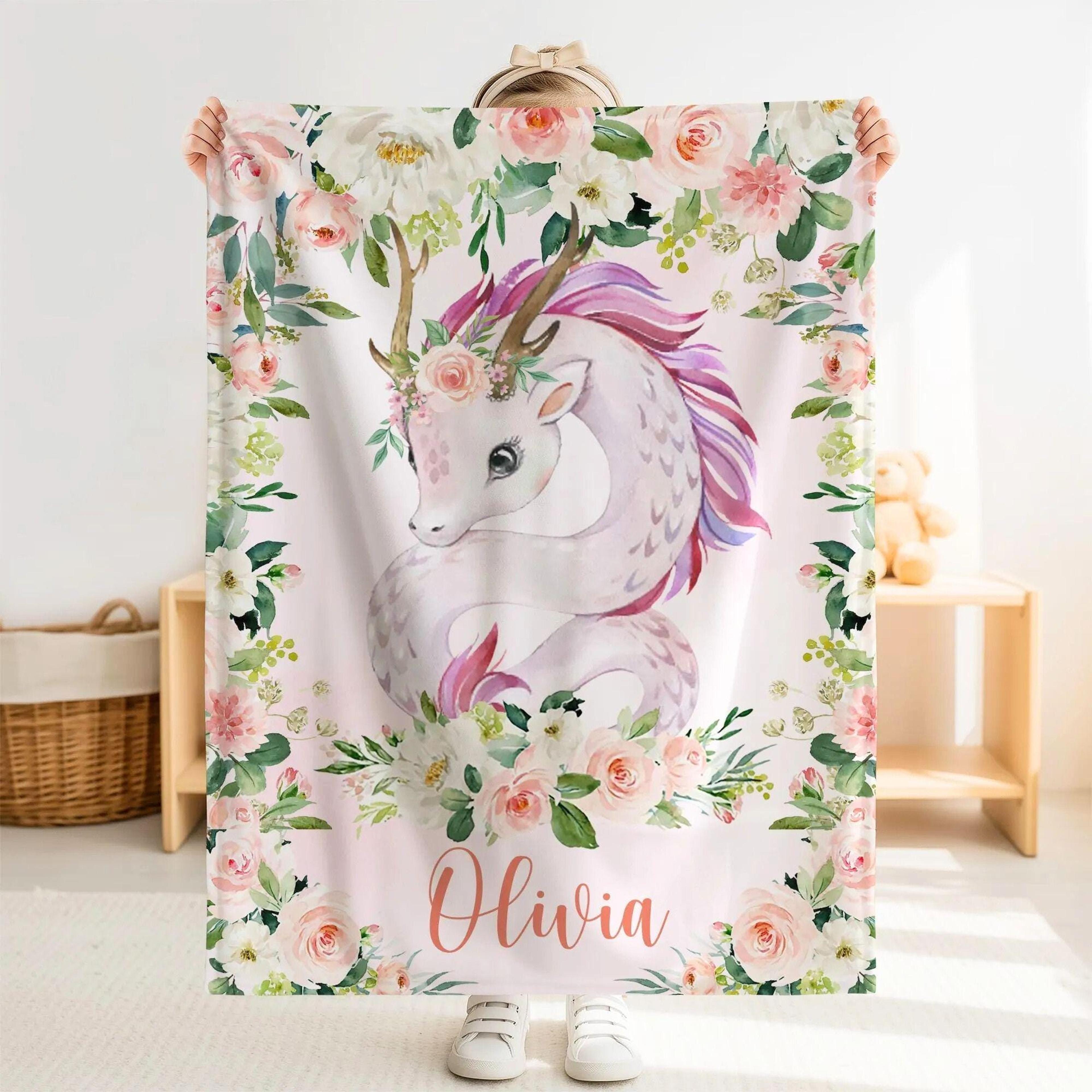 personalized dragon sherpa baby blanket, custom name pink floral nursery gift, dragon baby girl blanket, rose flower fan