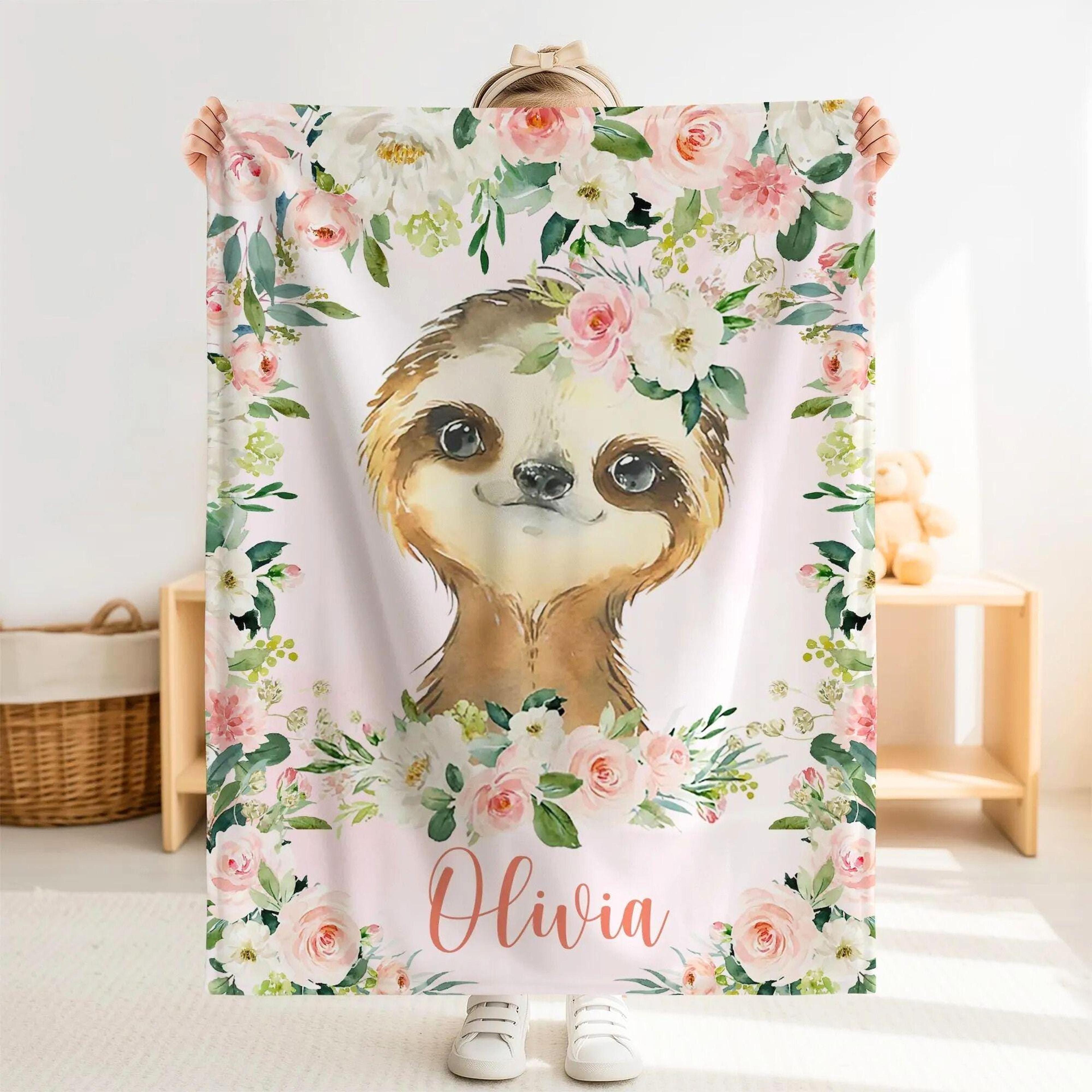 personalized sloth sherpa baby blanket, custom name pink floral nursery gift, sloth baby girl blanket, rose flower anima