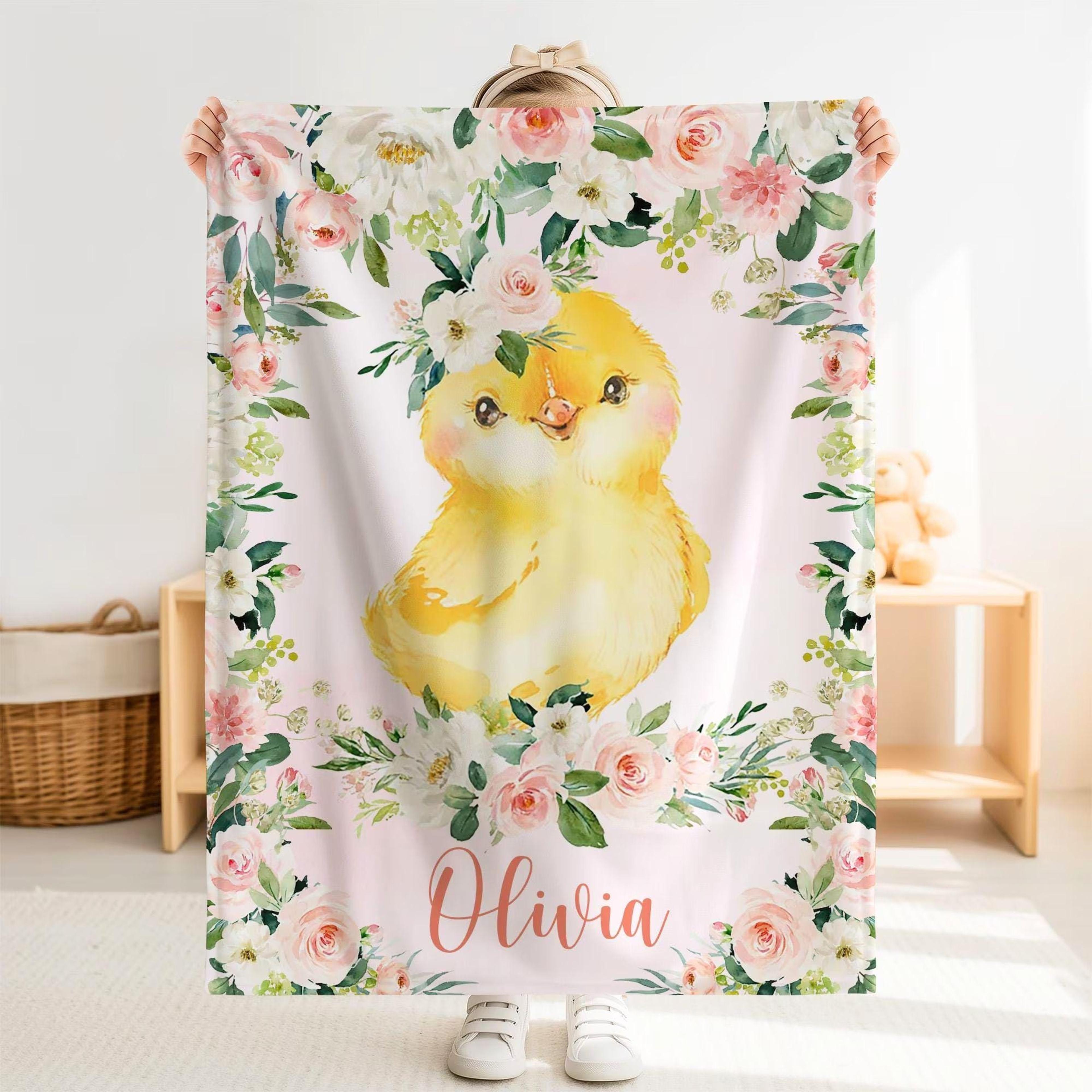 personalized chicken sherpa baby blanket, custom name pink floral nursery gift, chicken baby girl blanket, farm animal