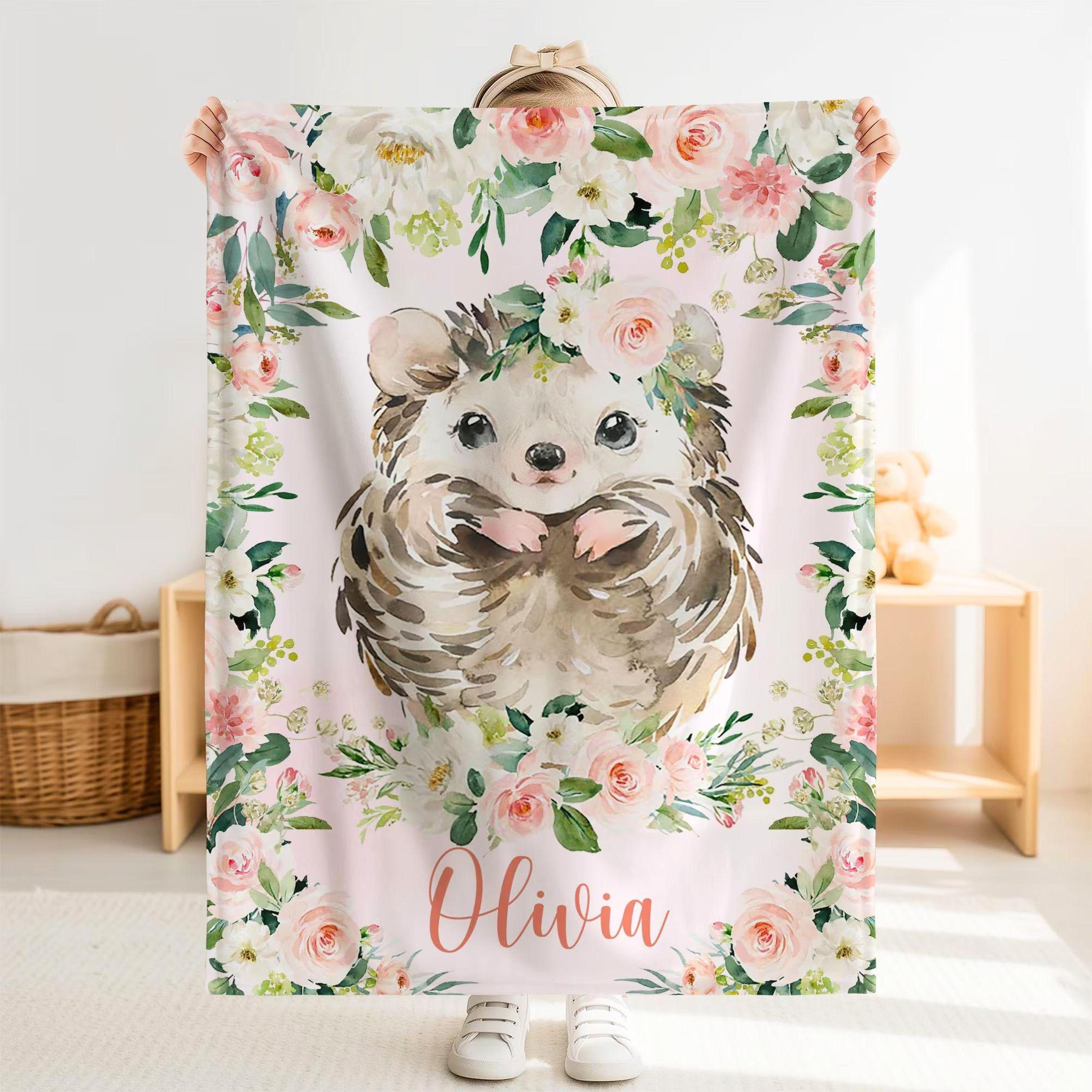 personalized hedgehog sherpa baby blanket, custom name pink floral nursery gift, hedgehog baby girl blanket, rose flower