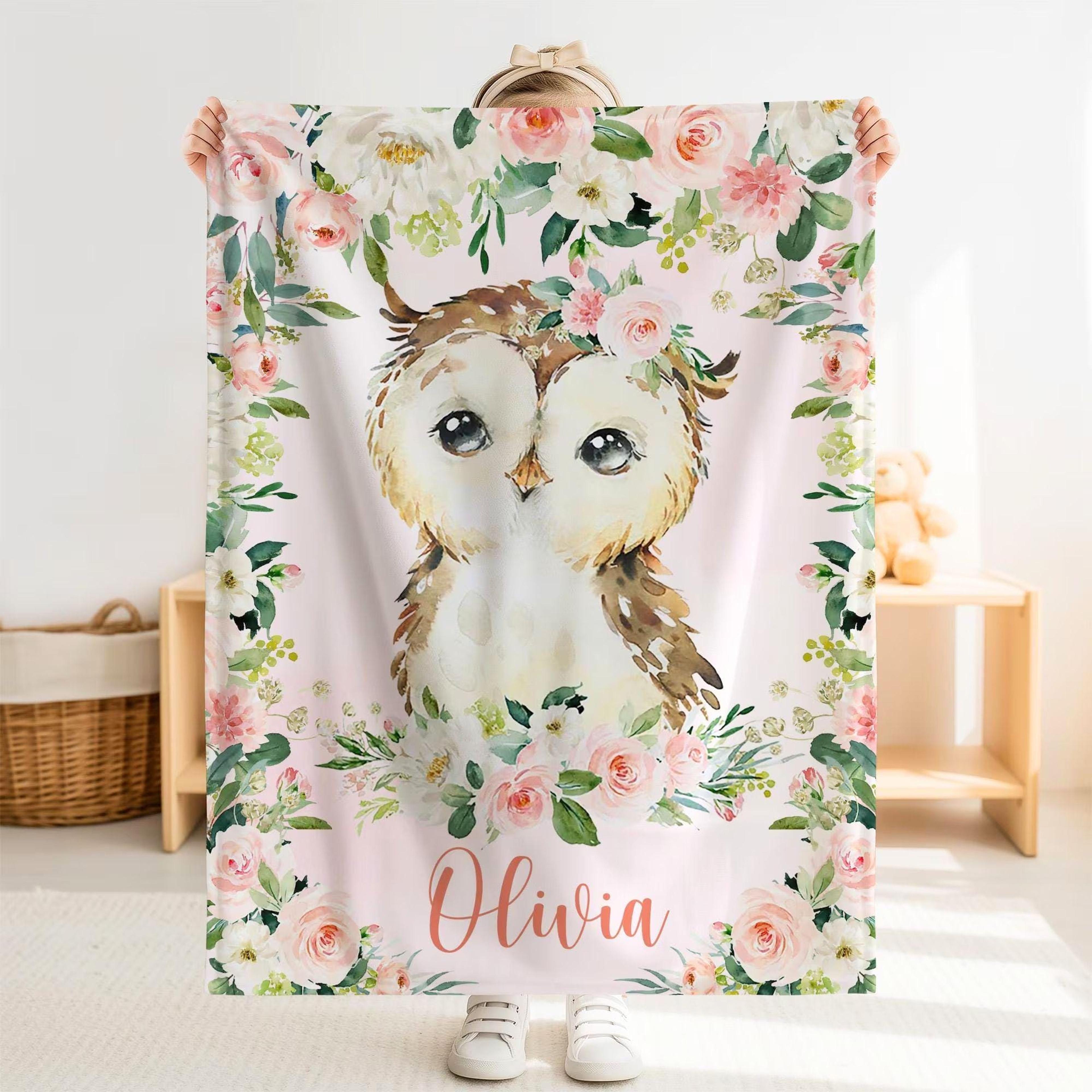 personalized owl sherpa baby blanket, custom name pink floral nursery gift, owl baby girl blanket, rose flower animal