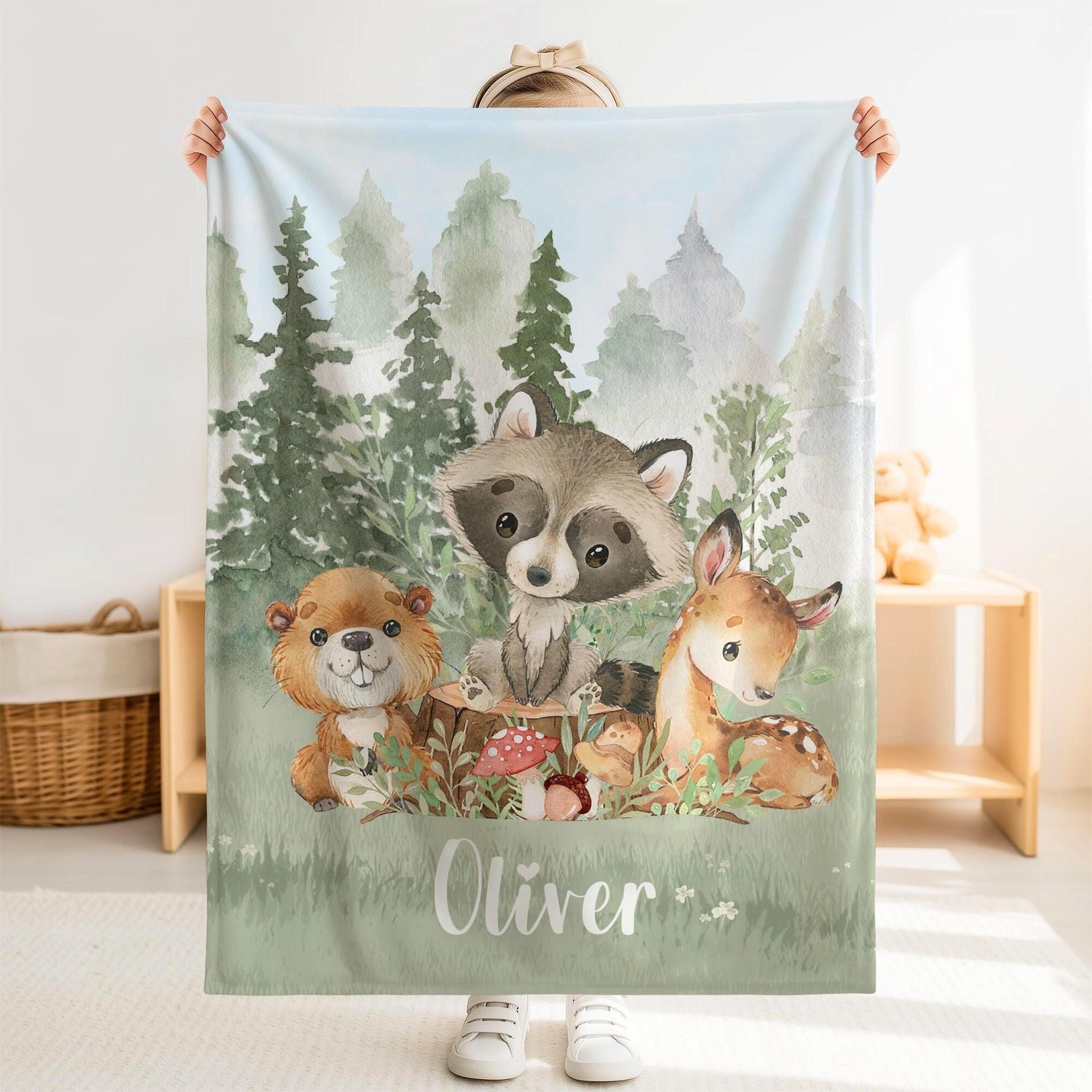 personalized raccoon sherpa baby blanket, custom name woodland nursery gift, cute raccoon animal baby blanket