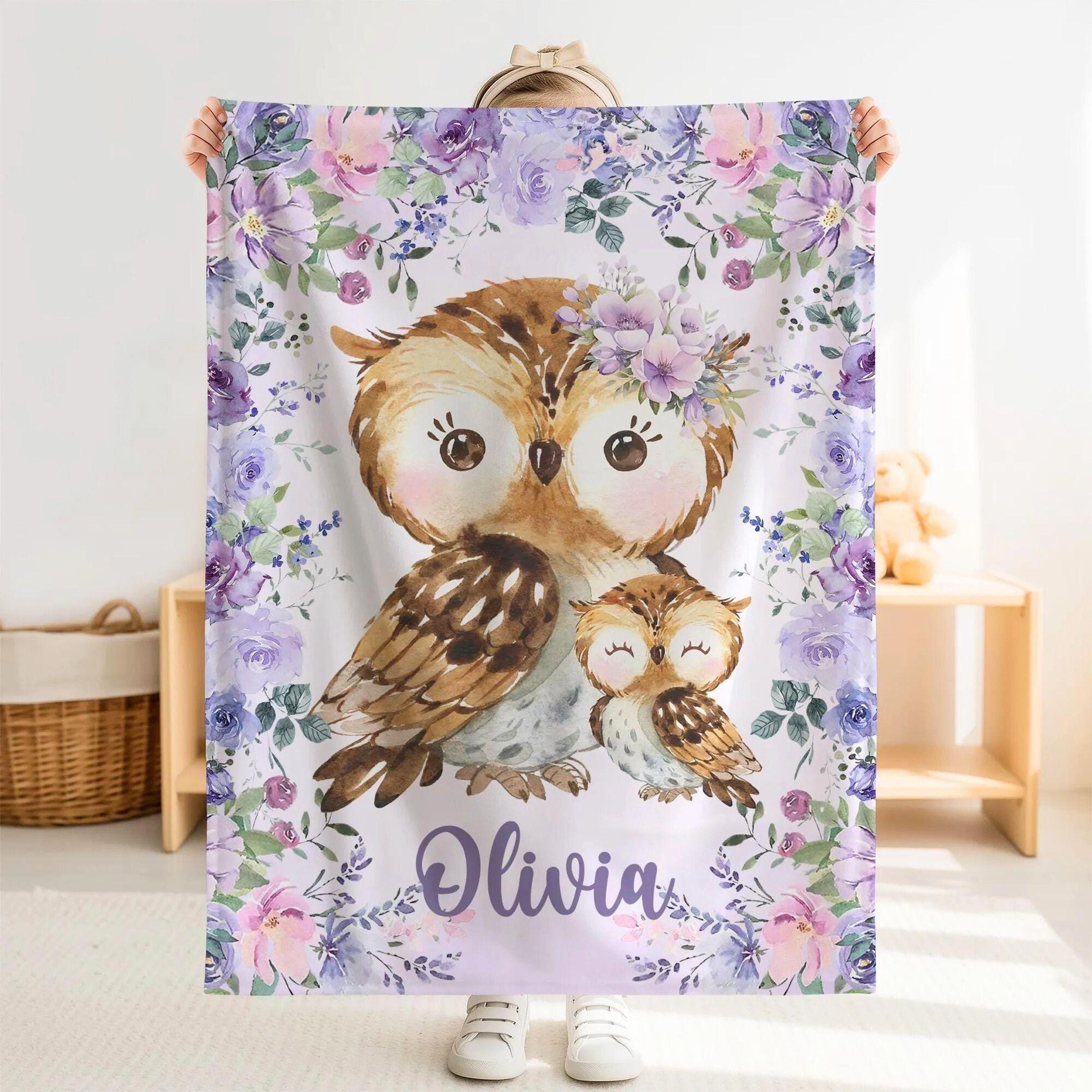 personalized owl sherpa baby blanket, custom name purple floral nursery gift, owl baby girl blanket, rose flower animal