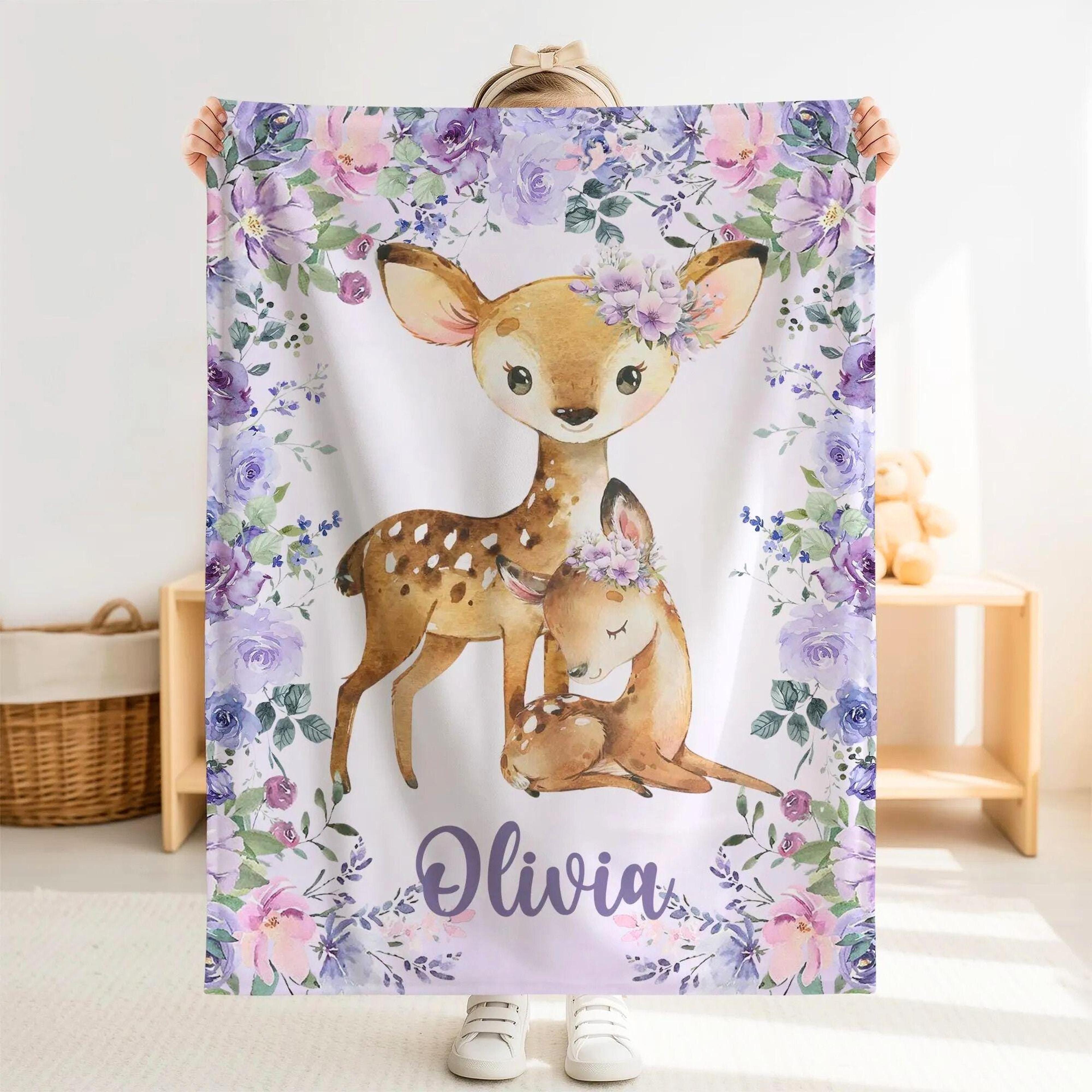 personalized deer sherpa baby blanket, custom name purple floral nursery gift, deer baby girl blanket, rose flower