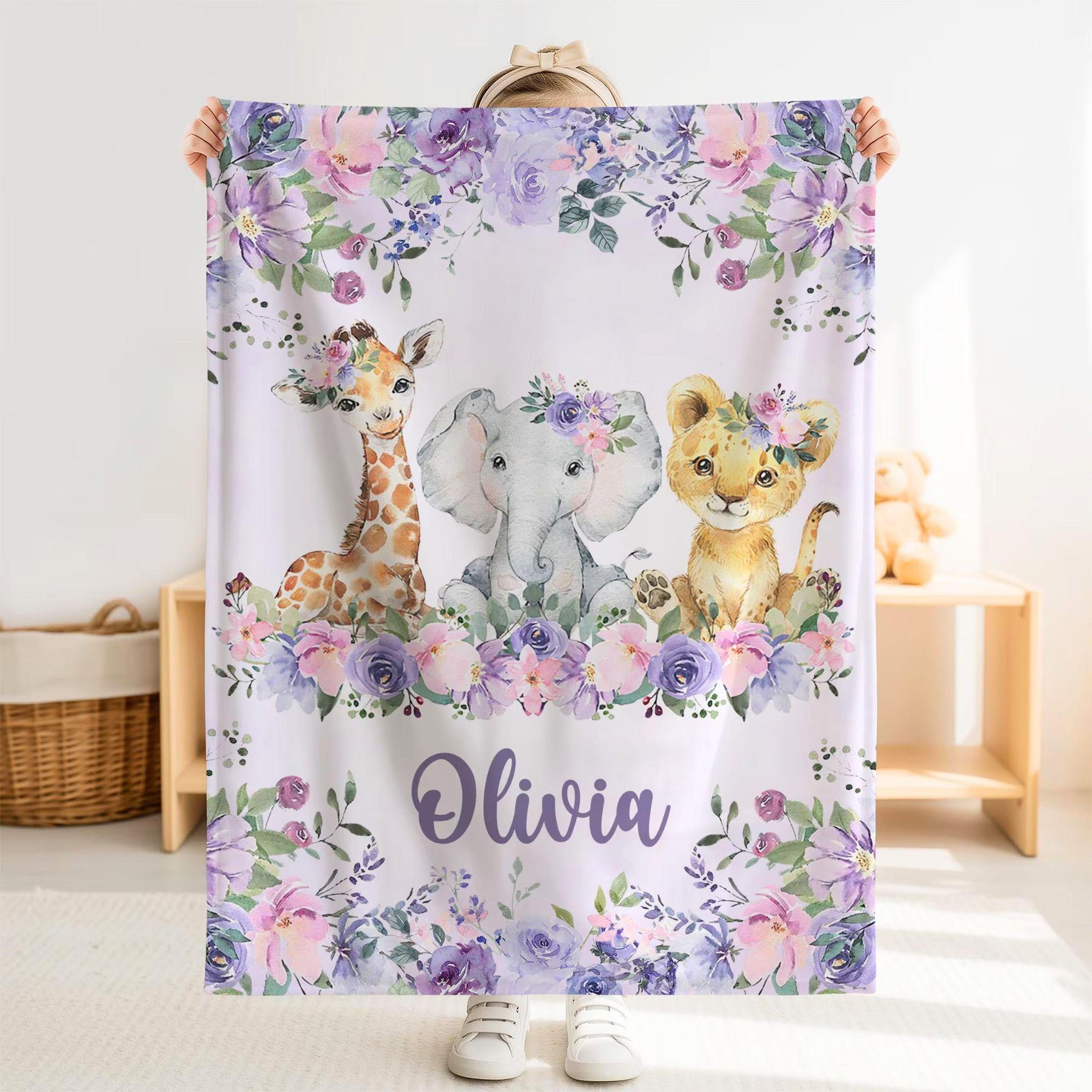 personalized safari animals sherpa baby blanket, custom name purple rose floral nursery gift, jungle animal baby girl