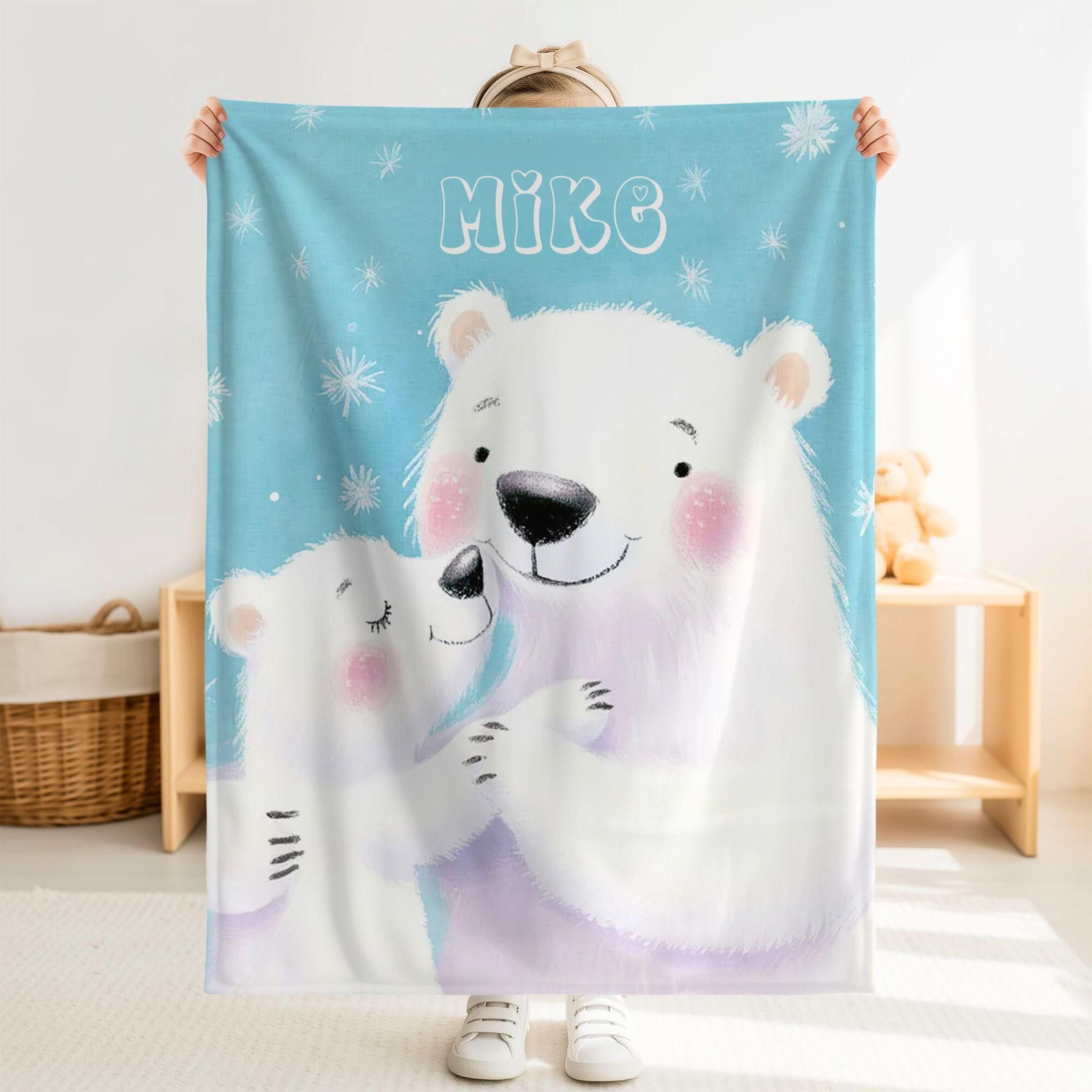 personalized polar bear sherpa baby blanket, custom name baby nursery gift, cute polar bear baby girl blanket