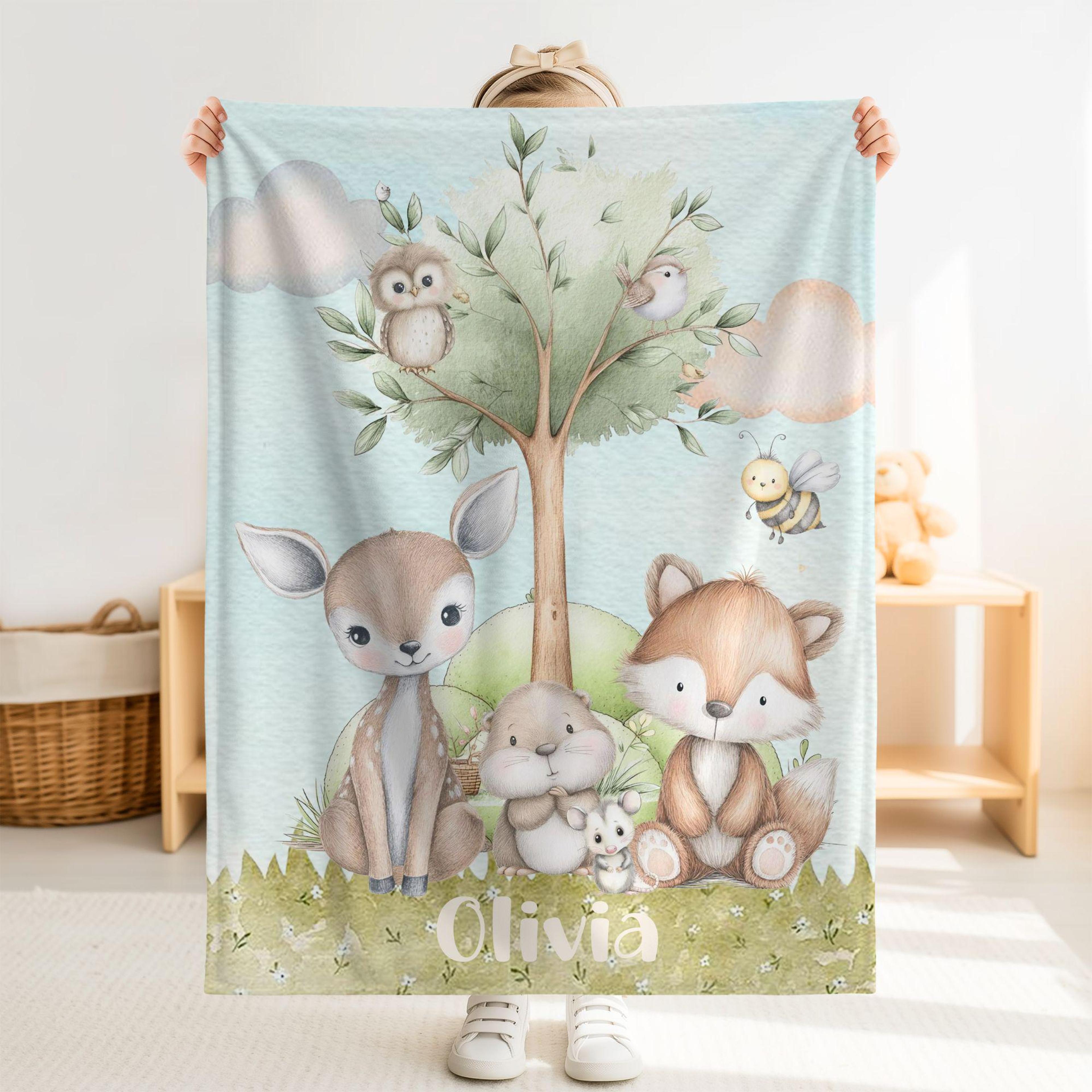personalized woodland animals sherpa baby blanket, custom name forest nursery gift, cute woodland animal baby blanket