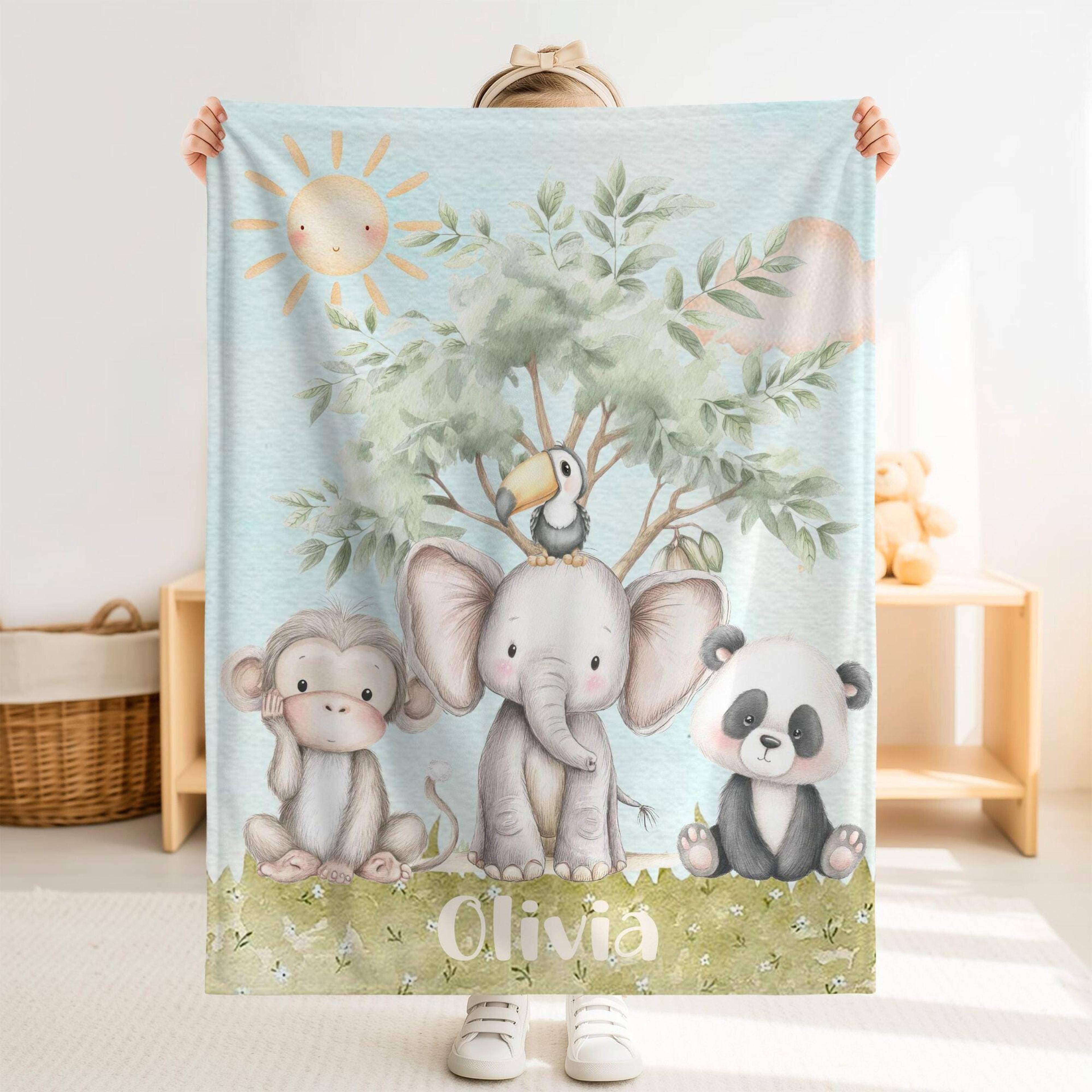 personalized safari animals sherpa baby blanket, custom name jungle nursery gift, cute safari animal baby blanket