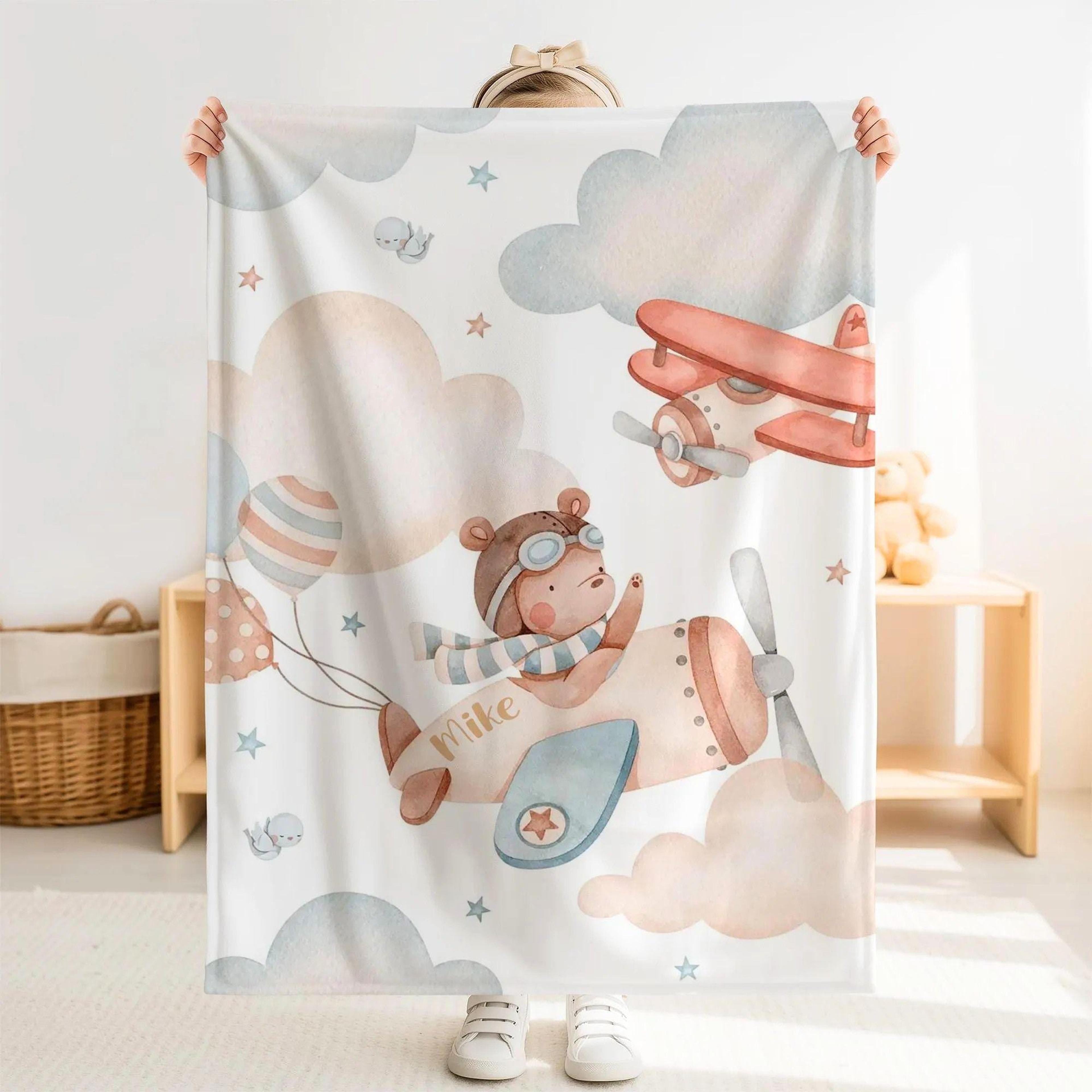 personalized pilot sherpa baby blanket, custom name airplane nursery gift, aviation baby boy blanket, pilot baby shower