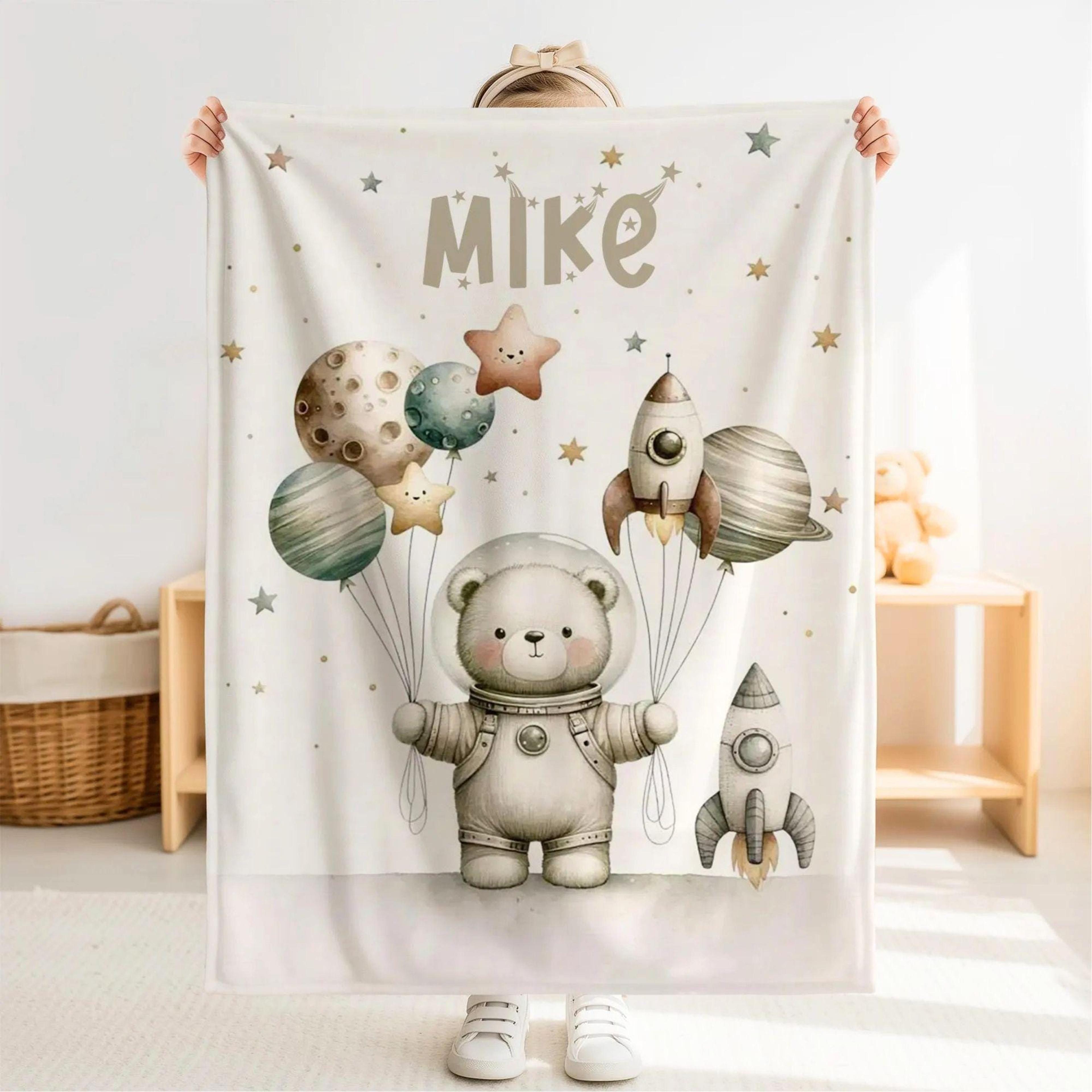 personalized astronaut sherpa baby blanket, custom name space nursery gift, rocket baby boy blanket, galaxy baby shower