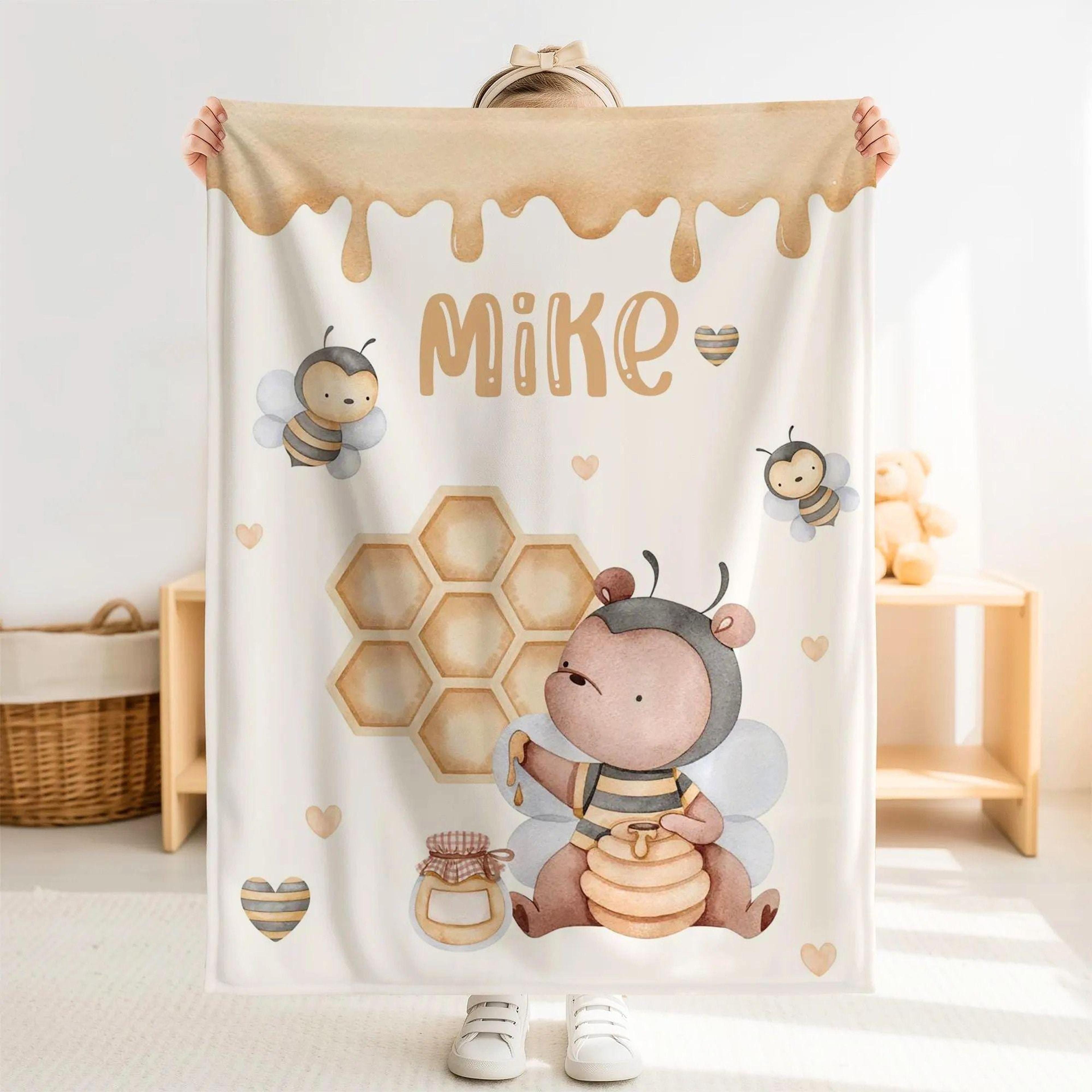 personalized bumble bee sherpa baby blanket, custom name honey bee nursery gift, cute bee baby girl blanket, baby shower