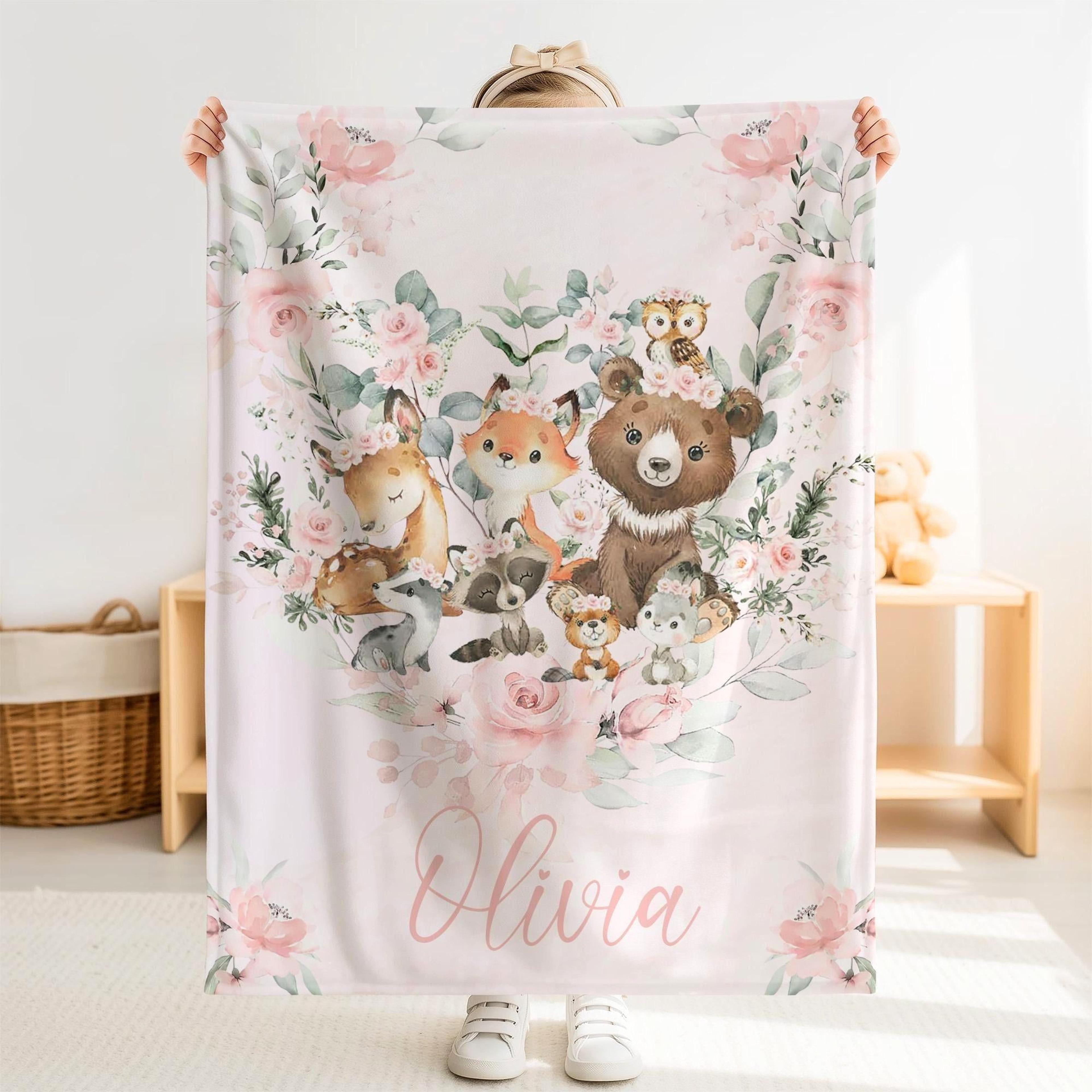 personalized woodland animal sherpa baby blanket, custom name forest nursery gift, cute forest animal baby blanket