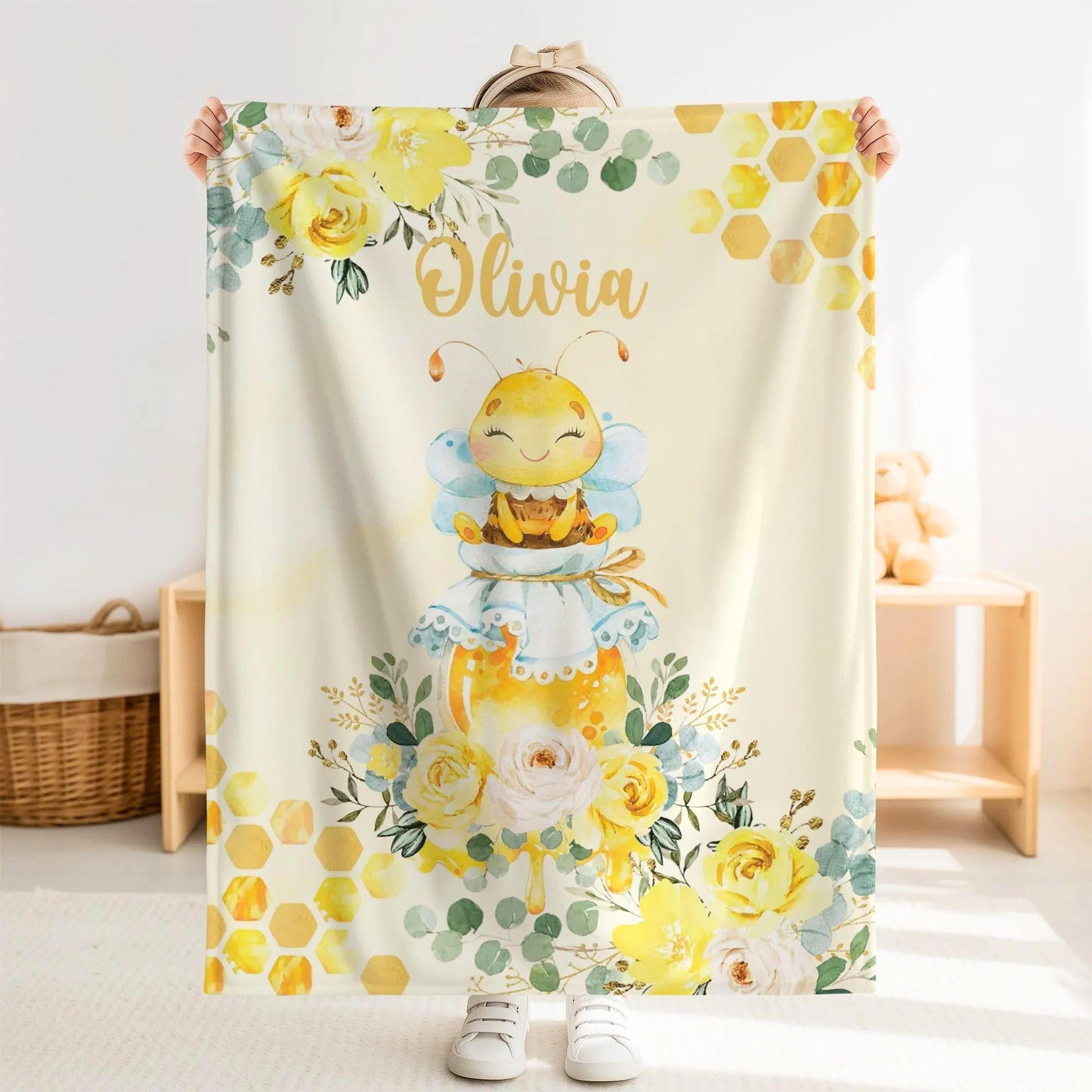 personalized honey bee sherpa baby blanket, custom name bee nursery gift, cute bumblebee baby blanket, floral nature