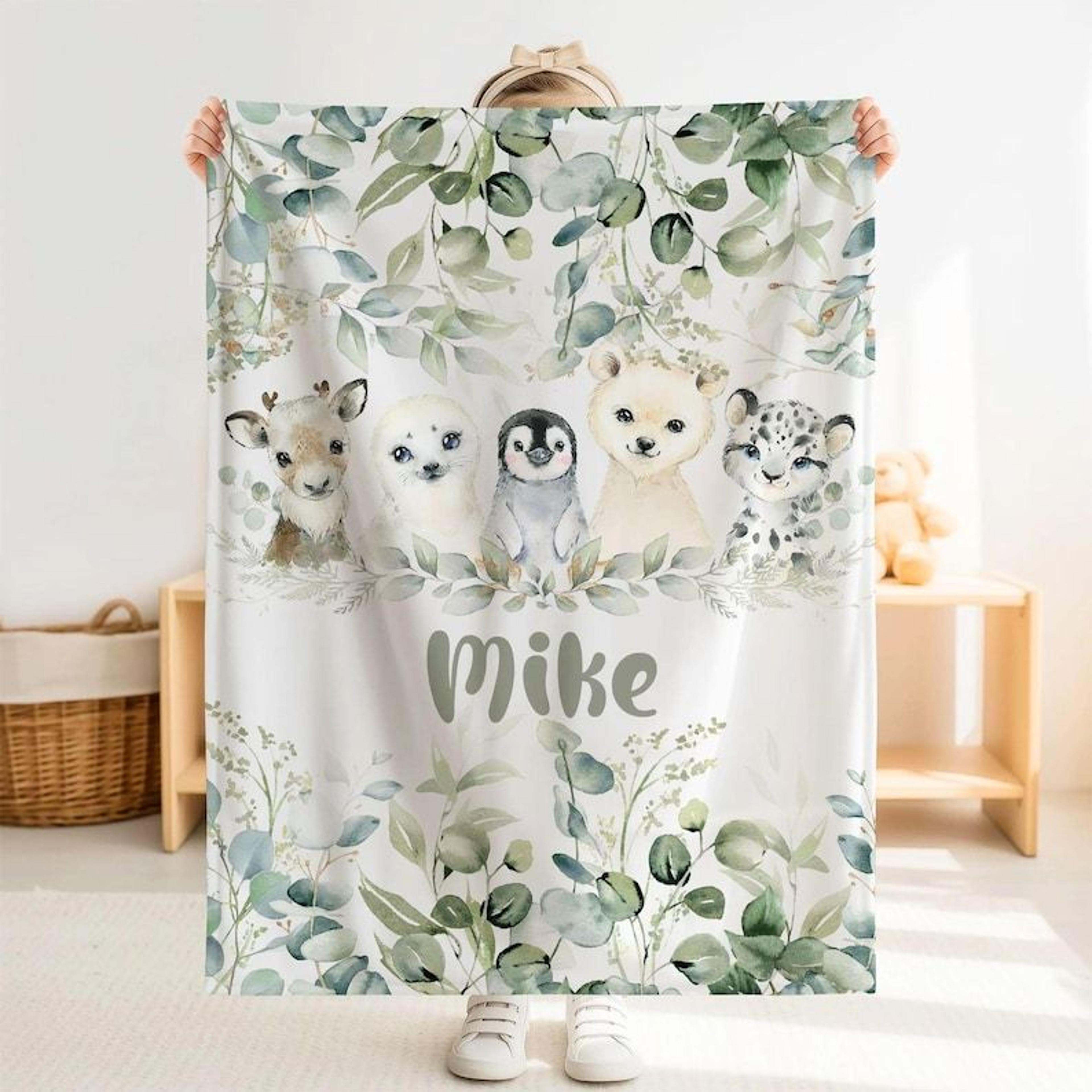personalized winter animals sherpa baby blanket, custom name snowy forest nursery gift, cute arctic animal baby blanket