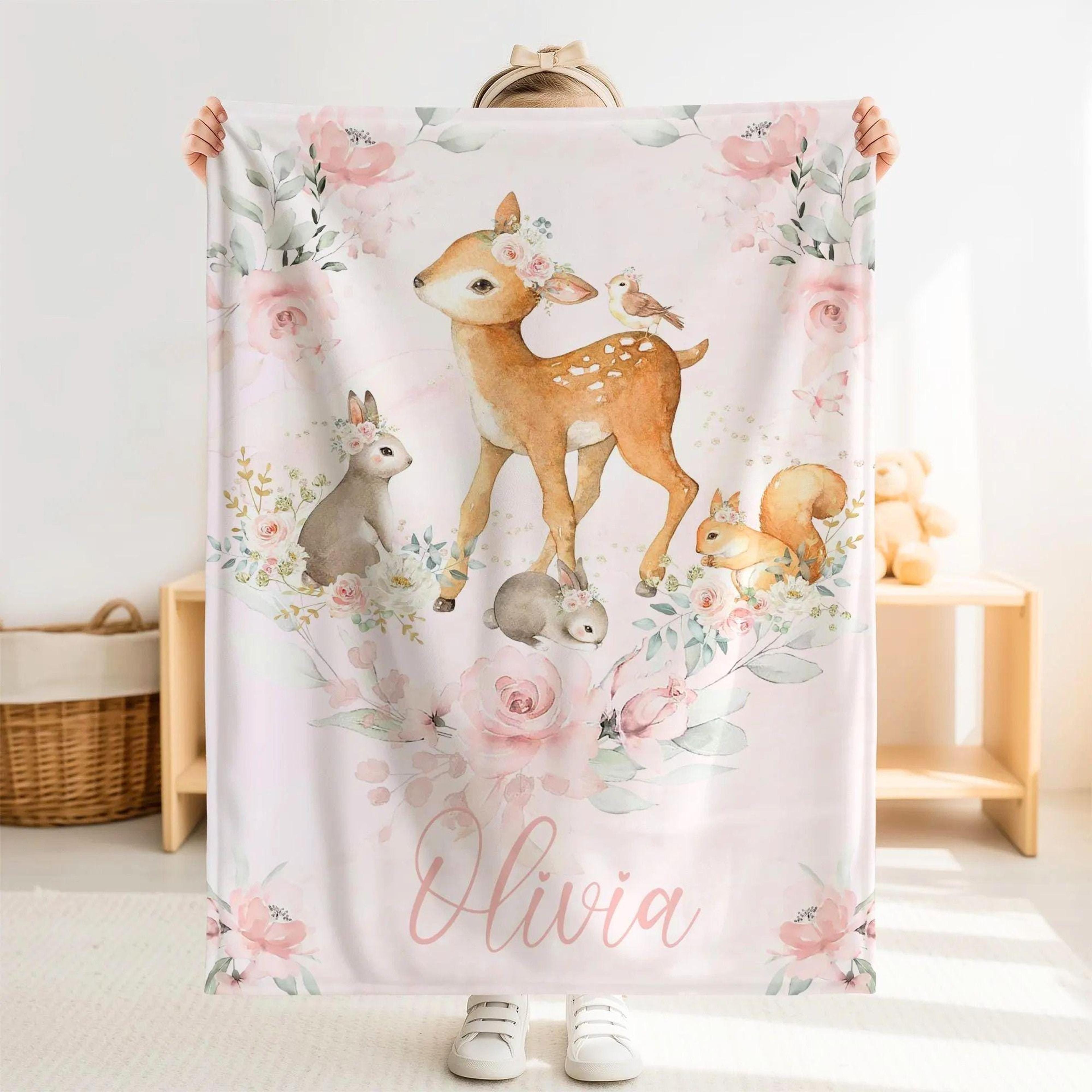 personalized woodland deer sherpa baby blanket, custom name forest nursery gift, cute deer baby blanket, woodland animal