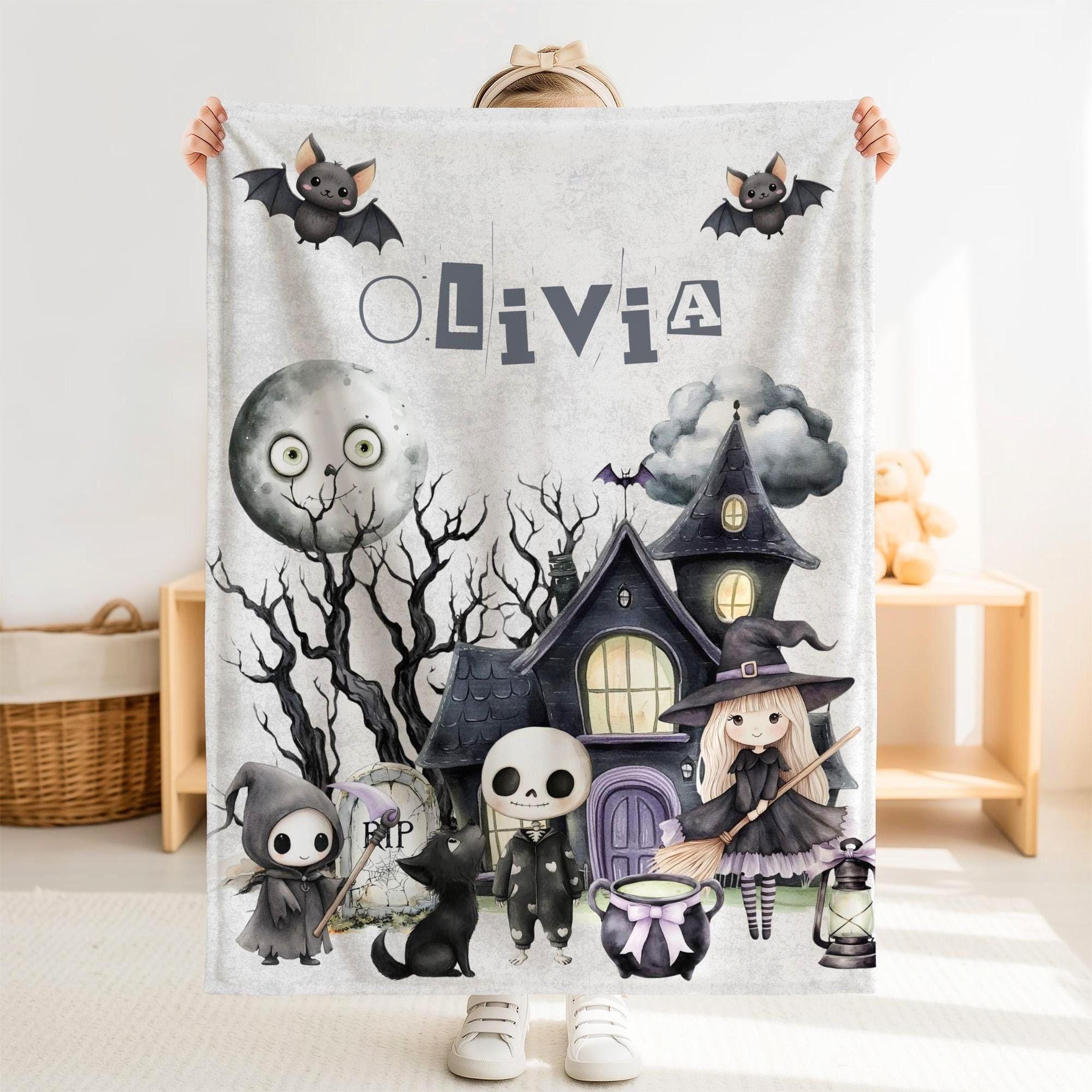 personalized halloween sherpa baby blanket, custom name spooky ghost witch blanket, halloween nursery gift, cute baby sh