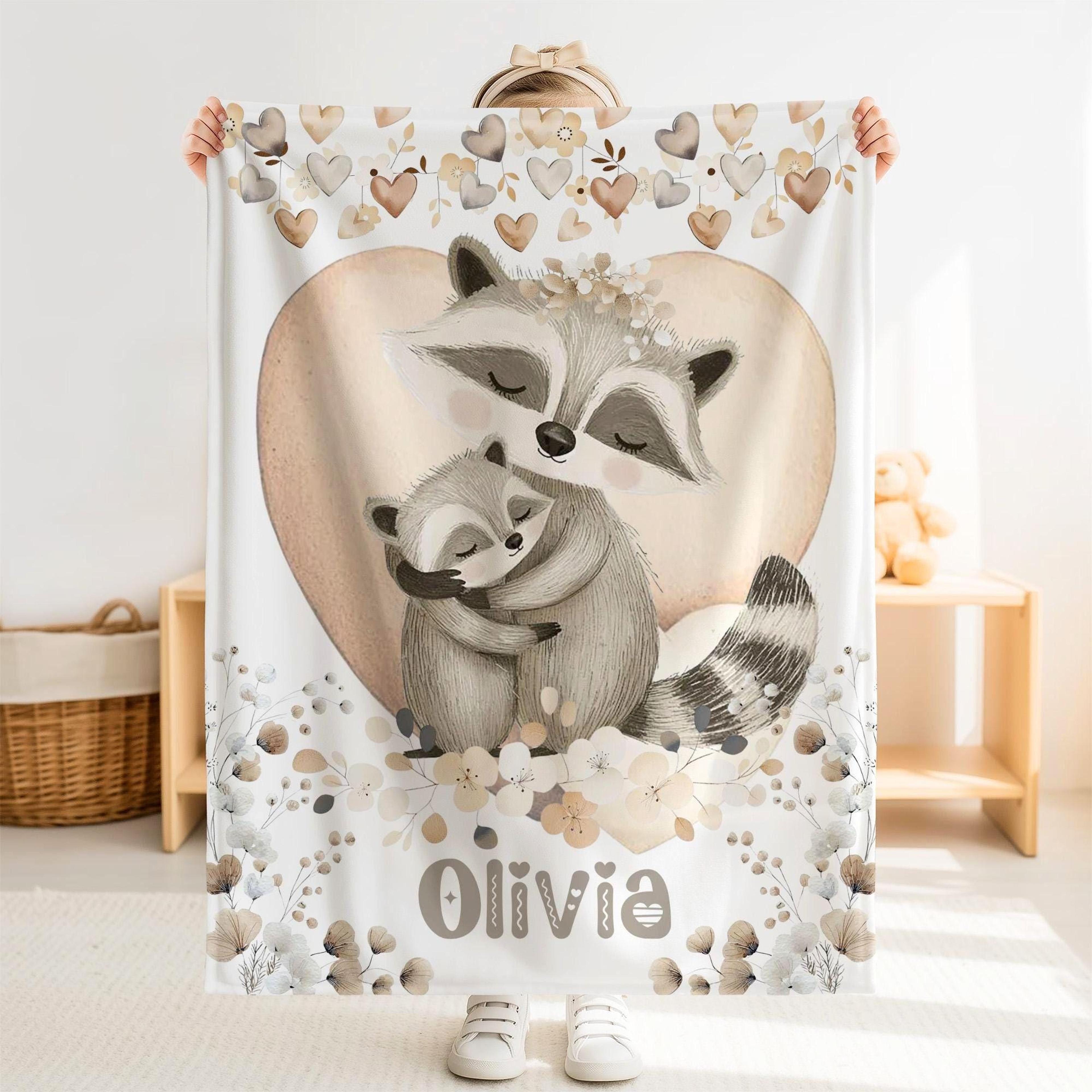 personalized raccoon sherpa baby blanket, custom name forest animal nursery gift, cute woodland raccoon baby blanket