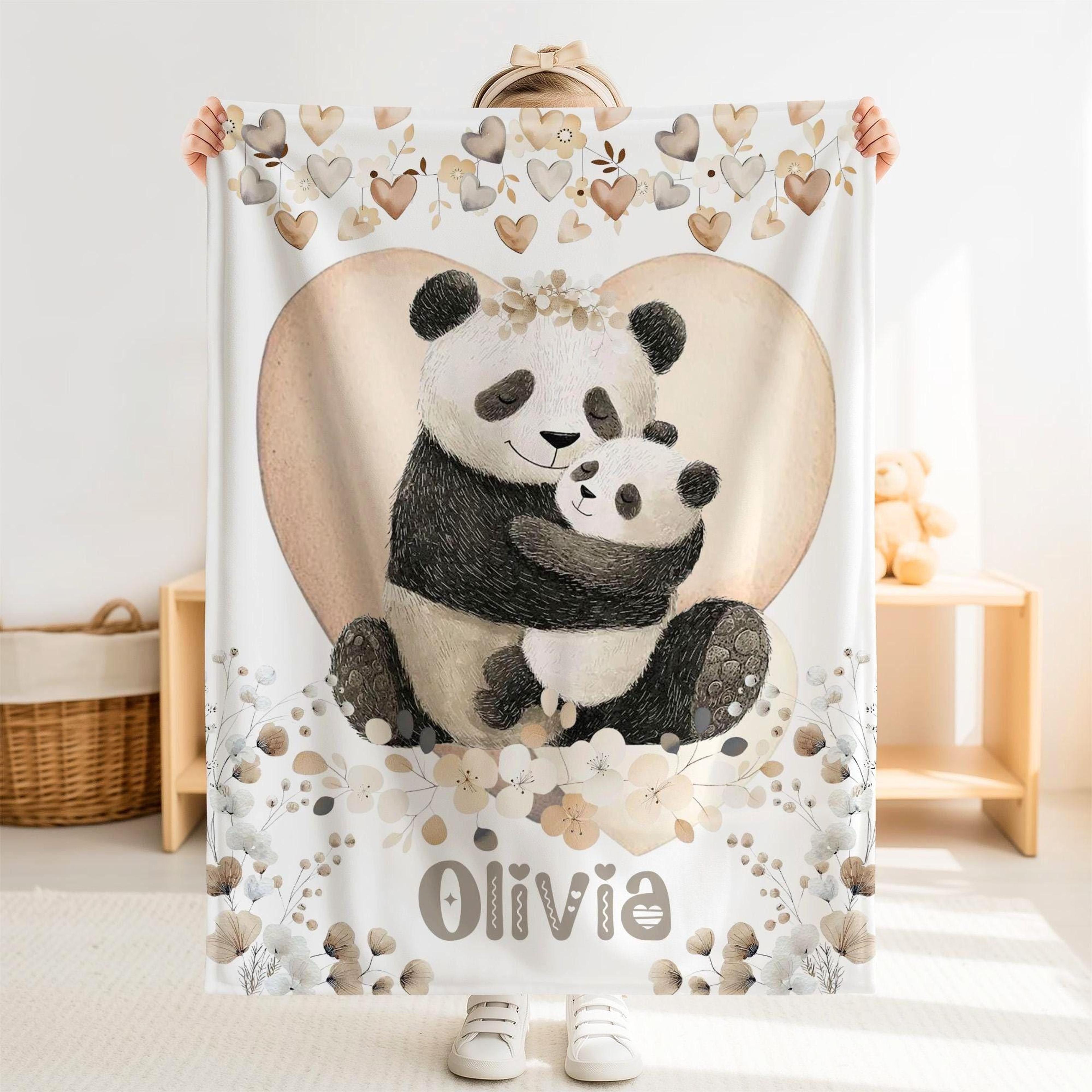 personalized panda sherpa baby blanket, custom name woodland forest animal nursery gift, cute panda baby girl blanket