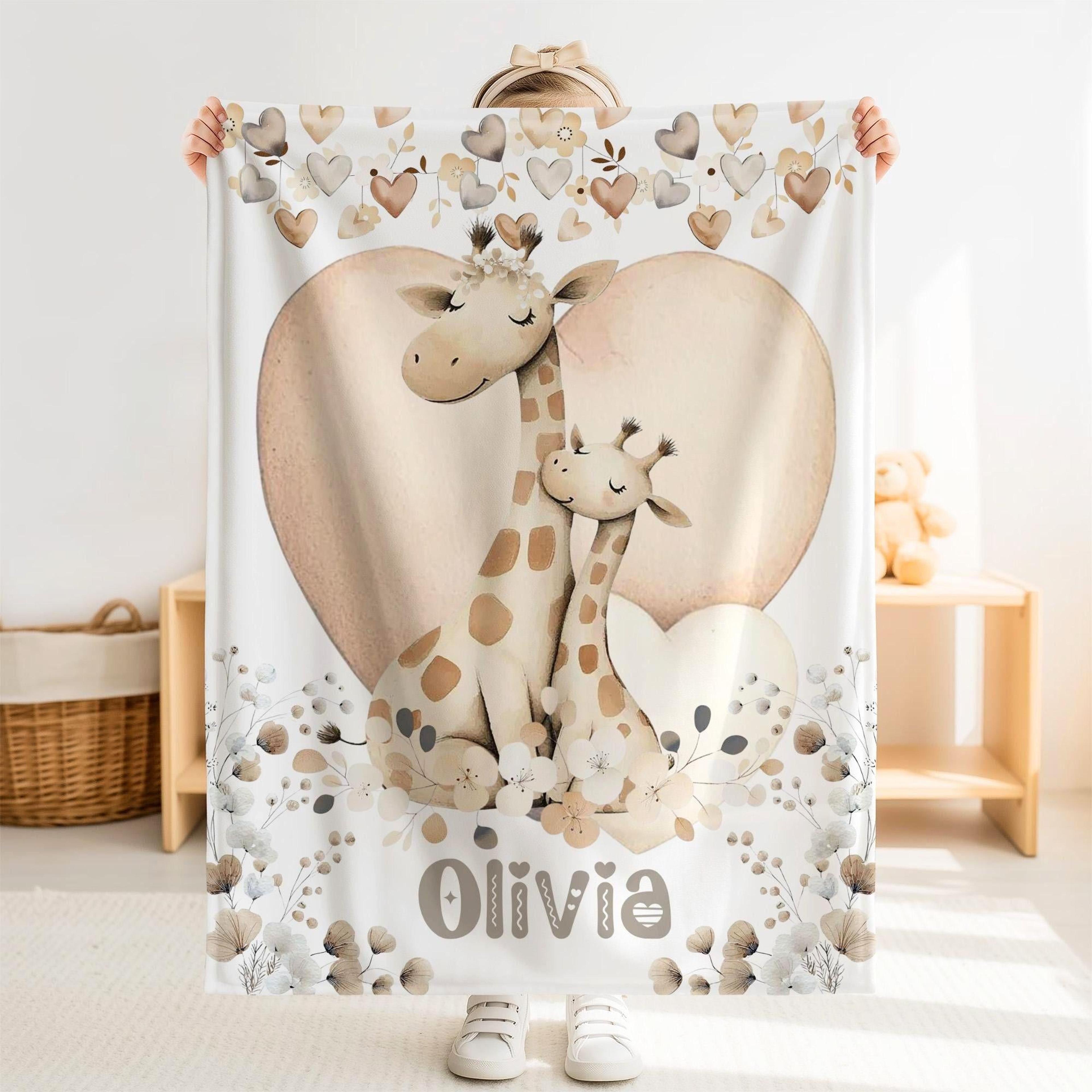 personalized giraffe sherpa baby blanket, custom name safari animal nursery gift, cute giraffe jungle baby blanket