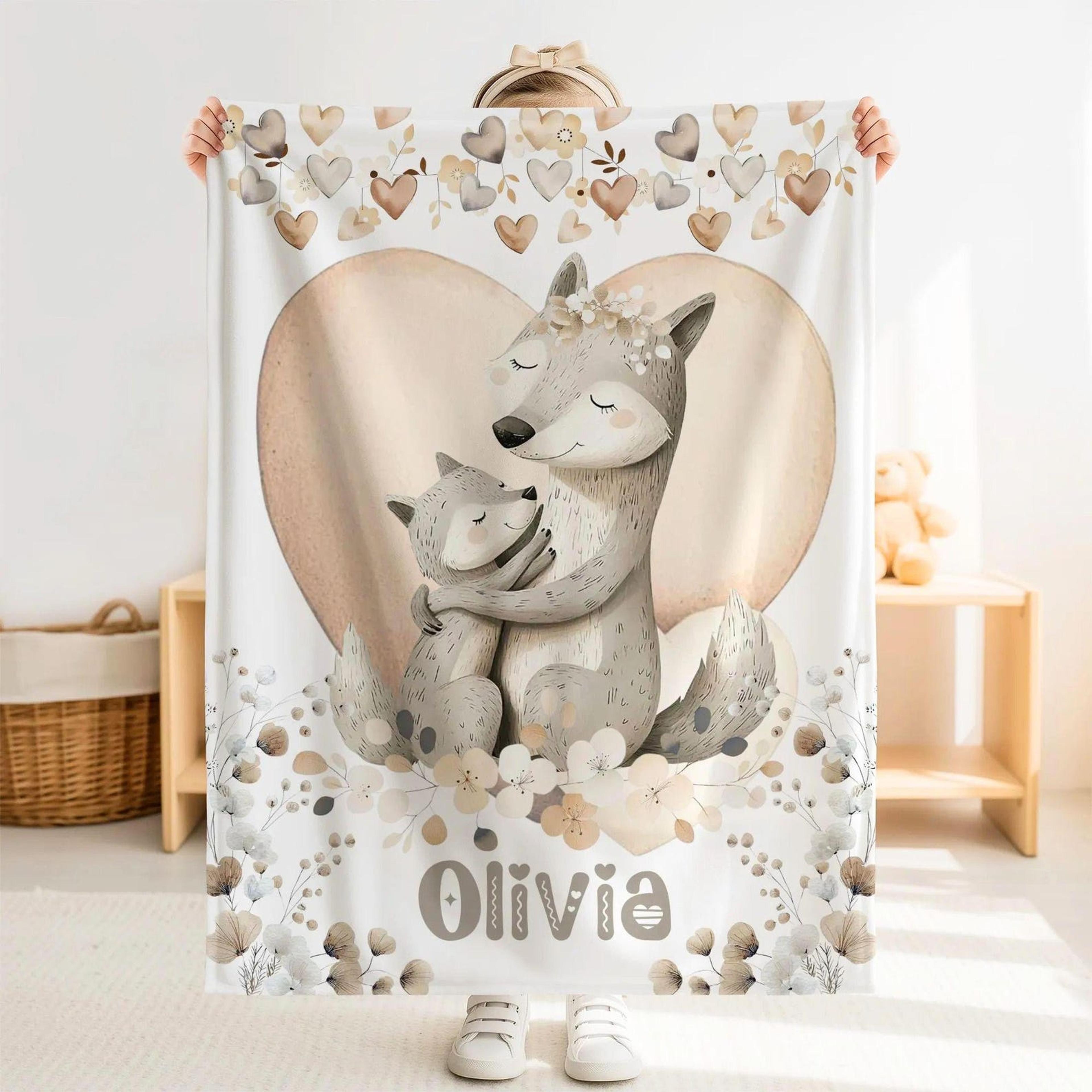 personalized wolf sherpa baby blanket, custom name woodland forest animal nursery gift, cute wolf baby blanket