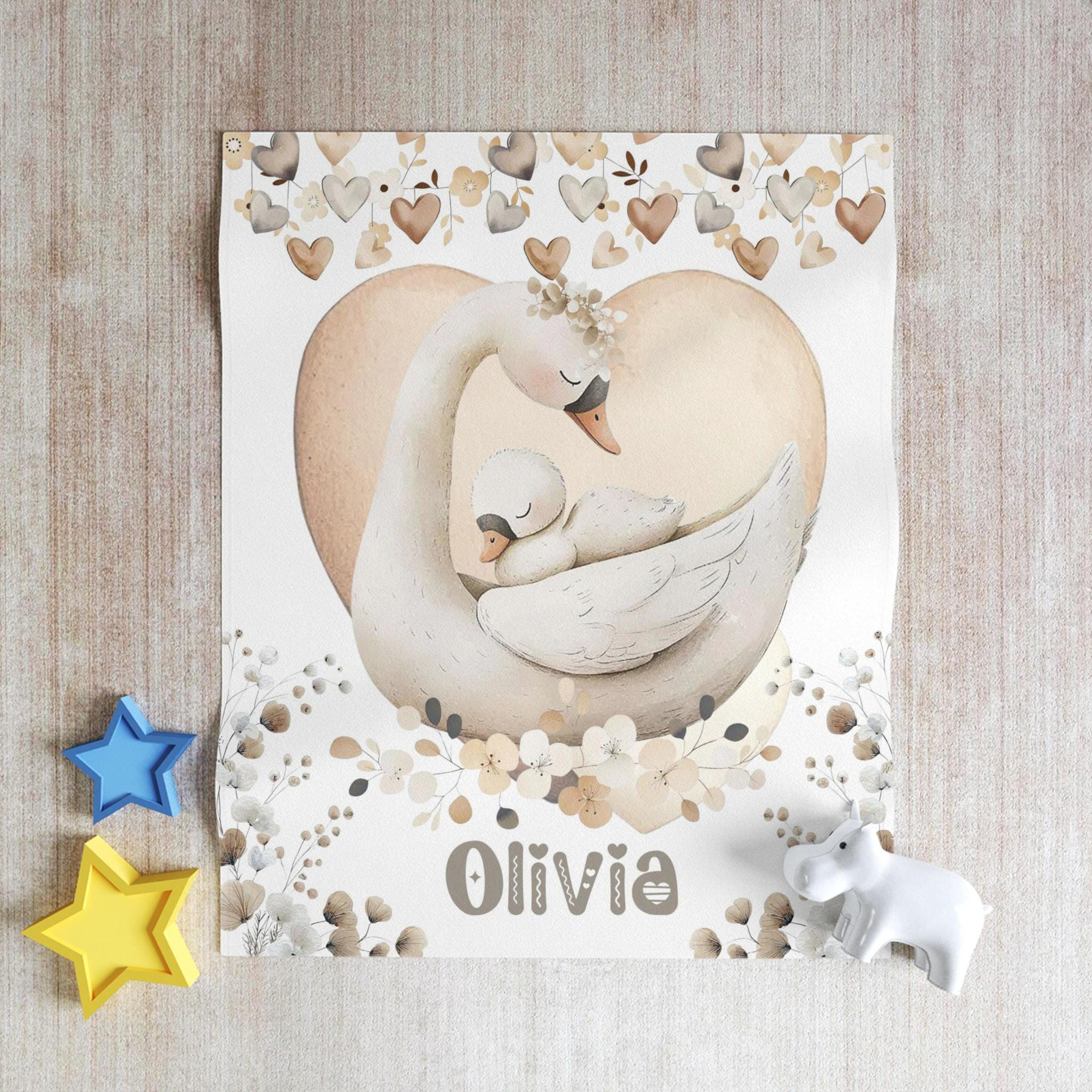 personalized swan sherpa baby blanket, custom name farm animal nursery gift, cute swan baby girl blanket